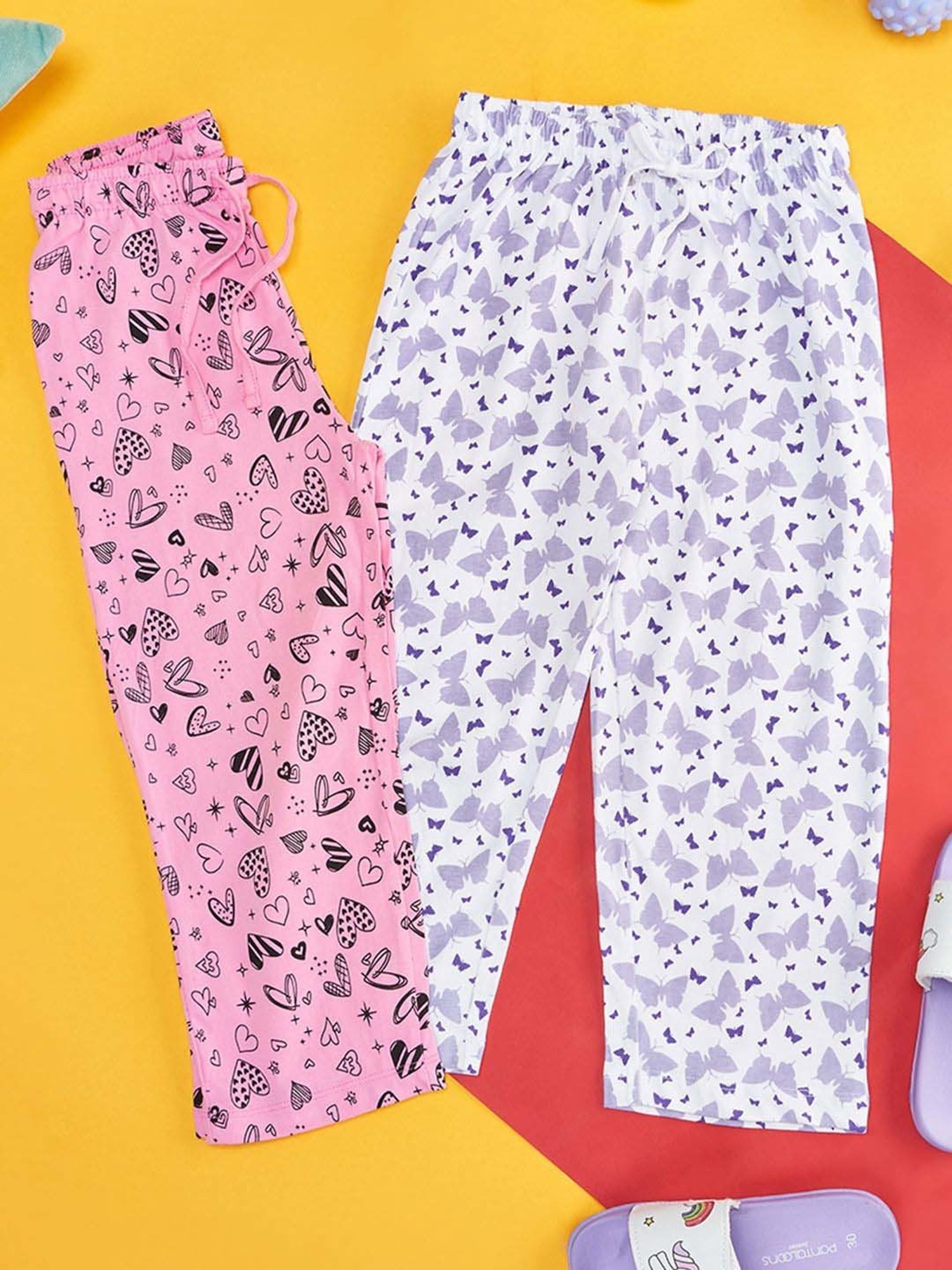 YU by Pantaloons Girls Pink & White Cotton Printed Pajamas (Pack of 2)