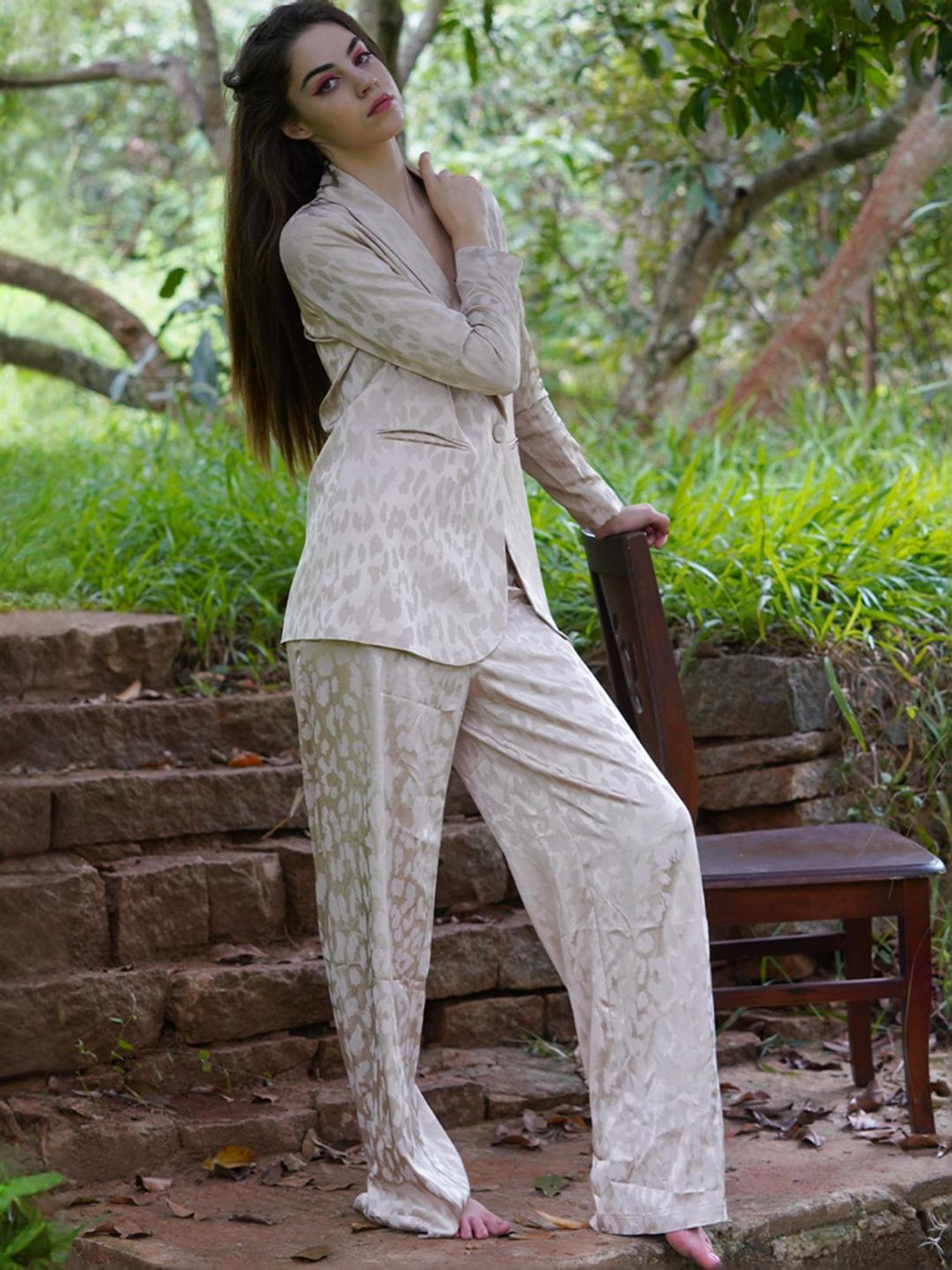 Odette Beige Printed Coat Pant Set