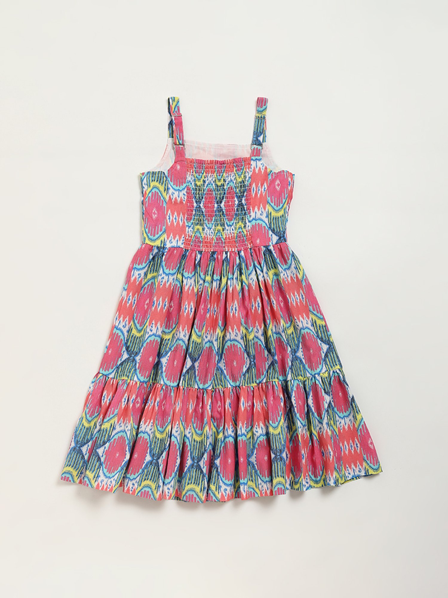 Utsa Kids by Westside Pink Ikat Print Tiered Cotton Blend Dress