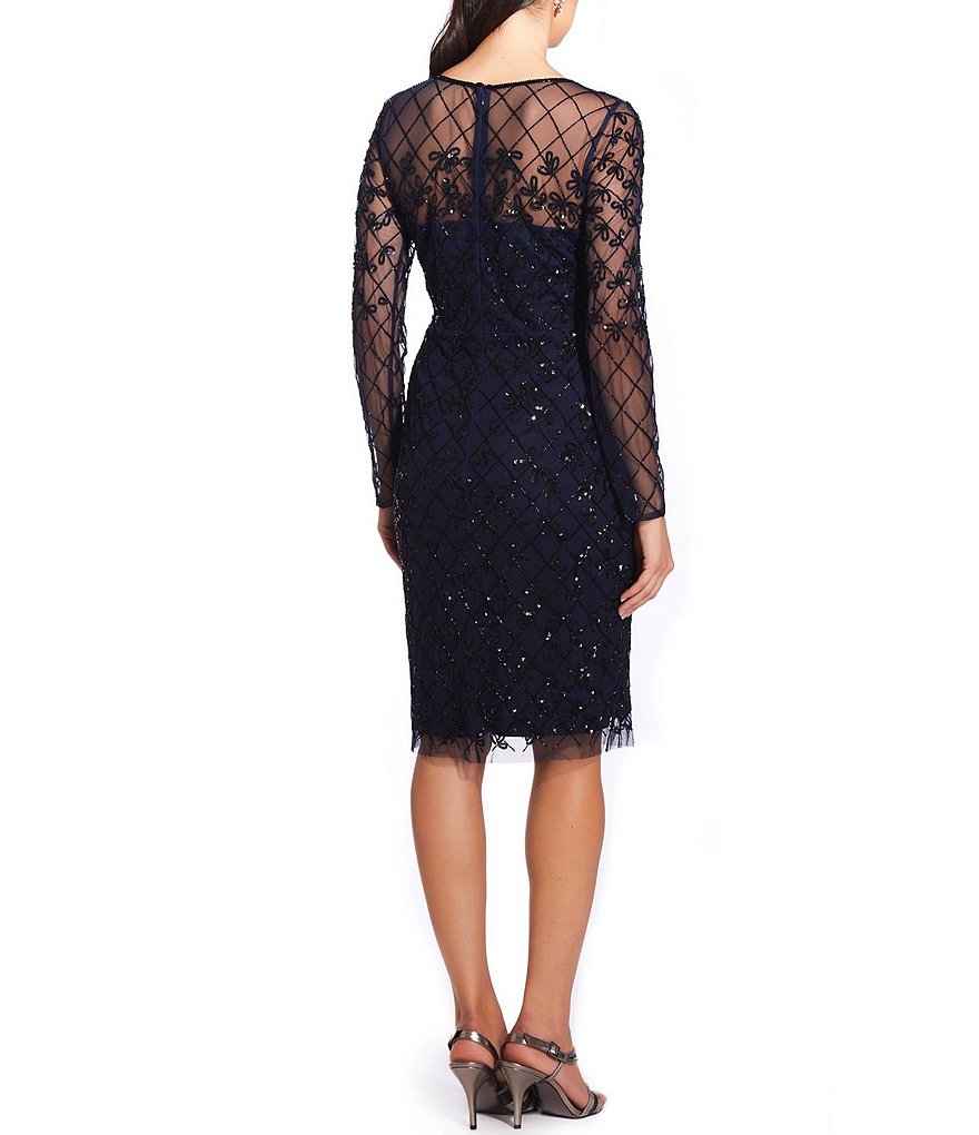 Adrianna Papell Round Neck Long Sleeve Beaded Sheath Dress