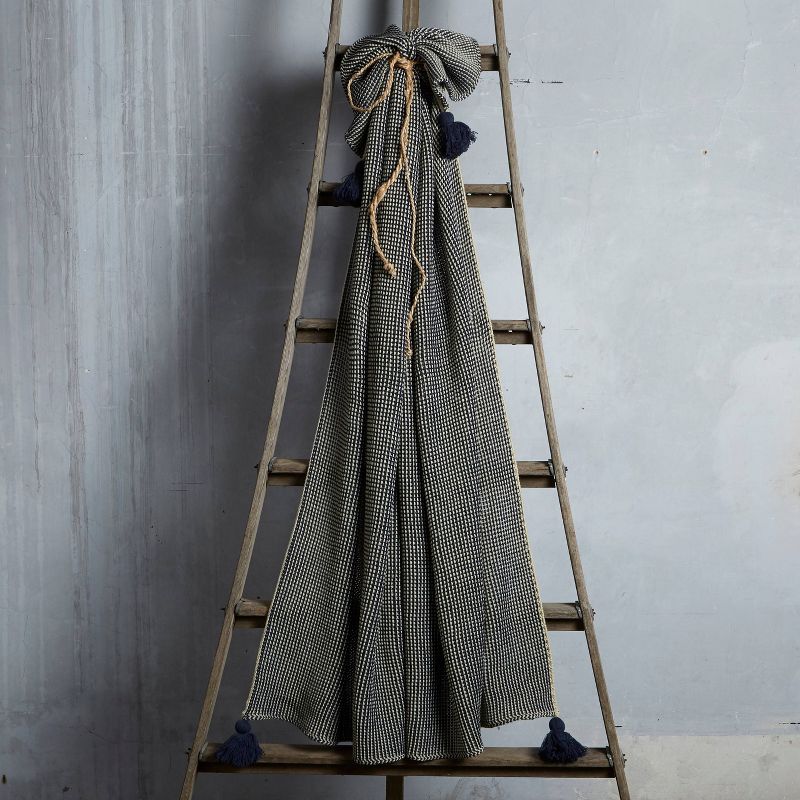 50"x60" Solid Throw Blanket with Pom-Poms Navy/Natural - Patina Vie