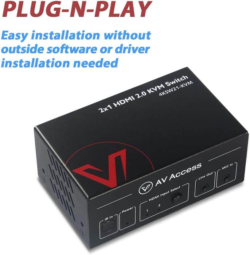 AV Access 2 in 1 Out UHD 4K@60hz 1080P@120Hz KVM Switch HDMI 2.0 with HDR 10 and 3D 18Gbps Zero Latency for 2 PCs Mic in/Audio Out IR & Button Control USB 2.0 Ports for Mouse Keyboard etc.