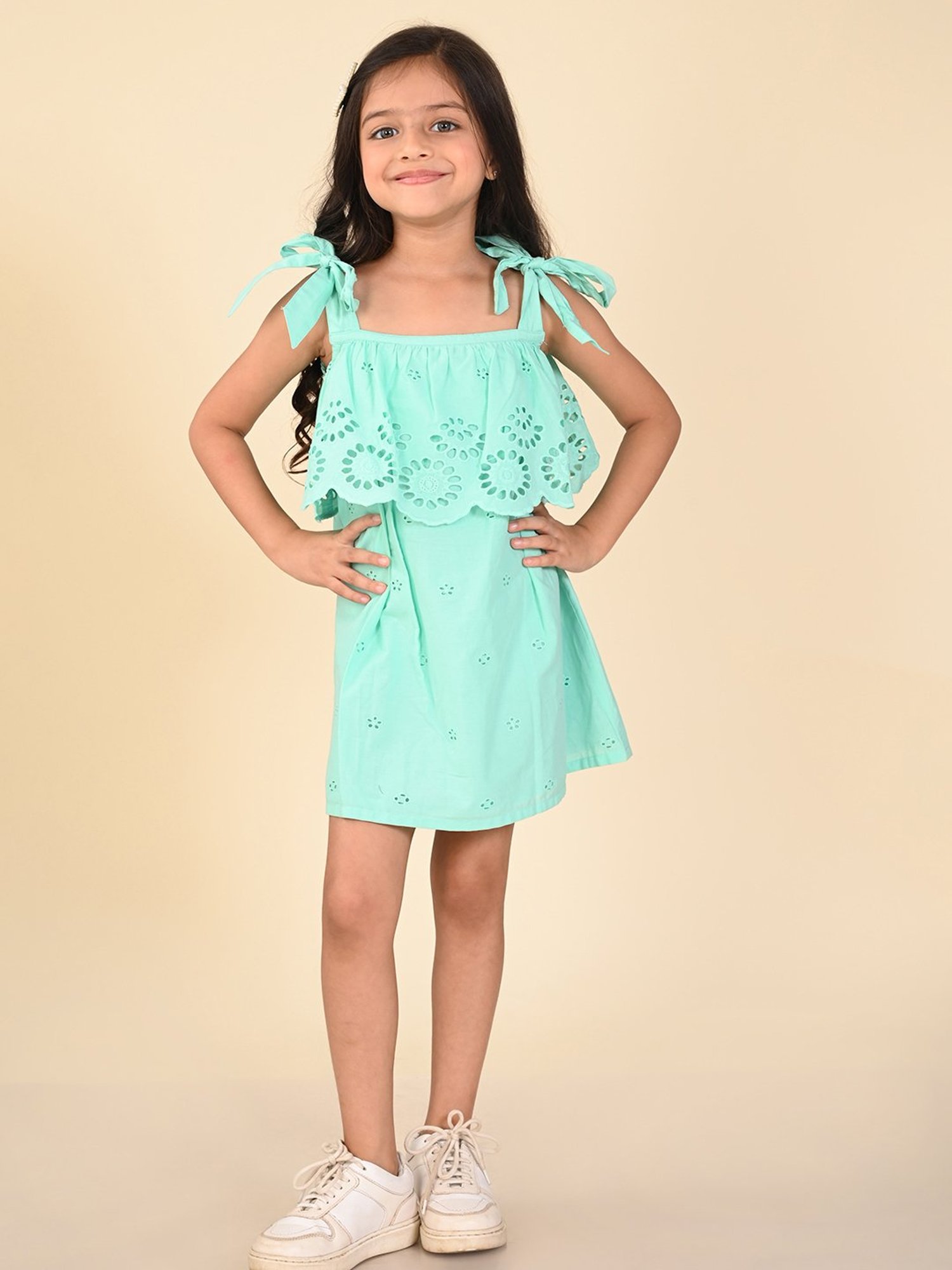 LilPicks Kids Aqua Blue Self Design Dress