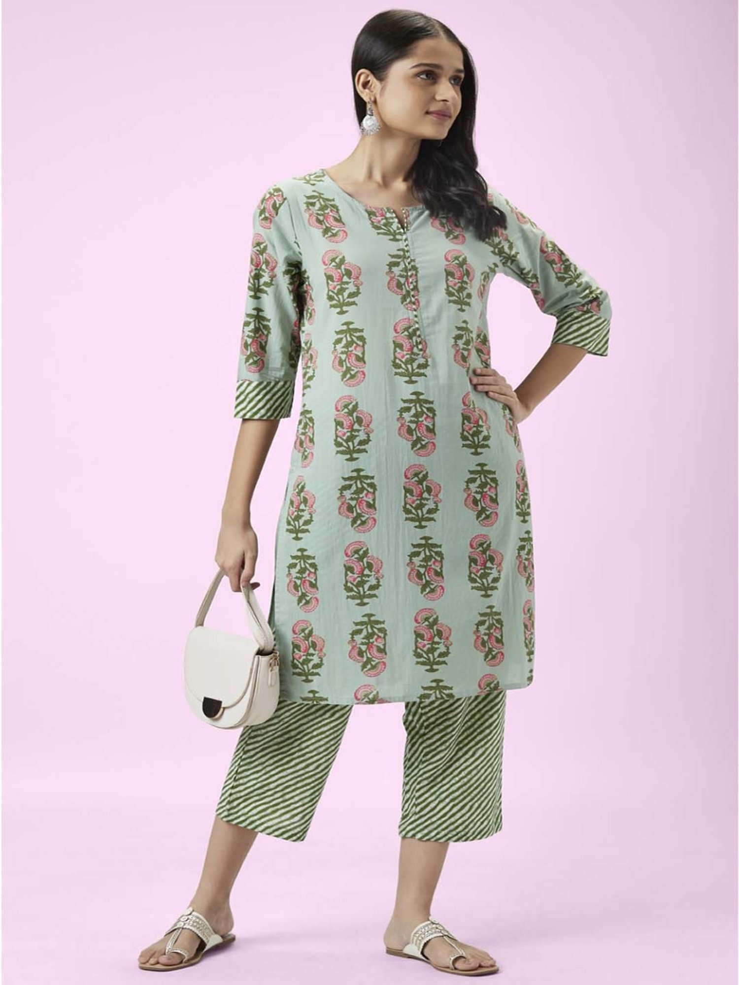 Rangmanch by Pantaloons Mint Green Cotton Floral Print Kurta Palazzo Set