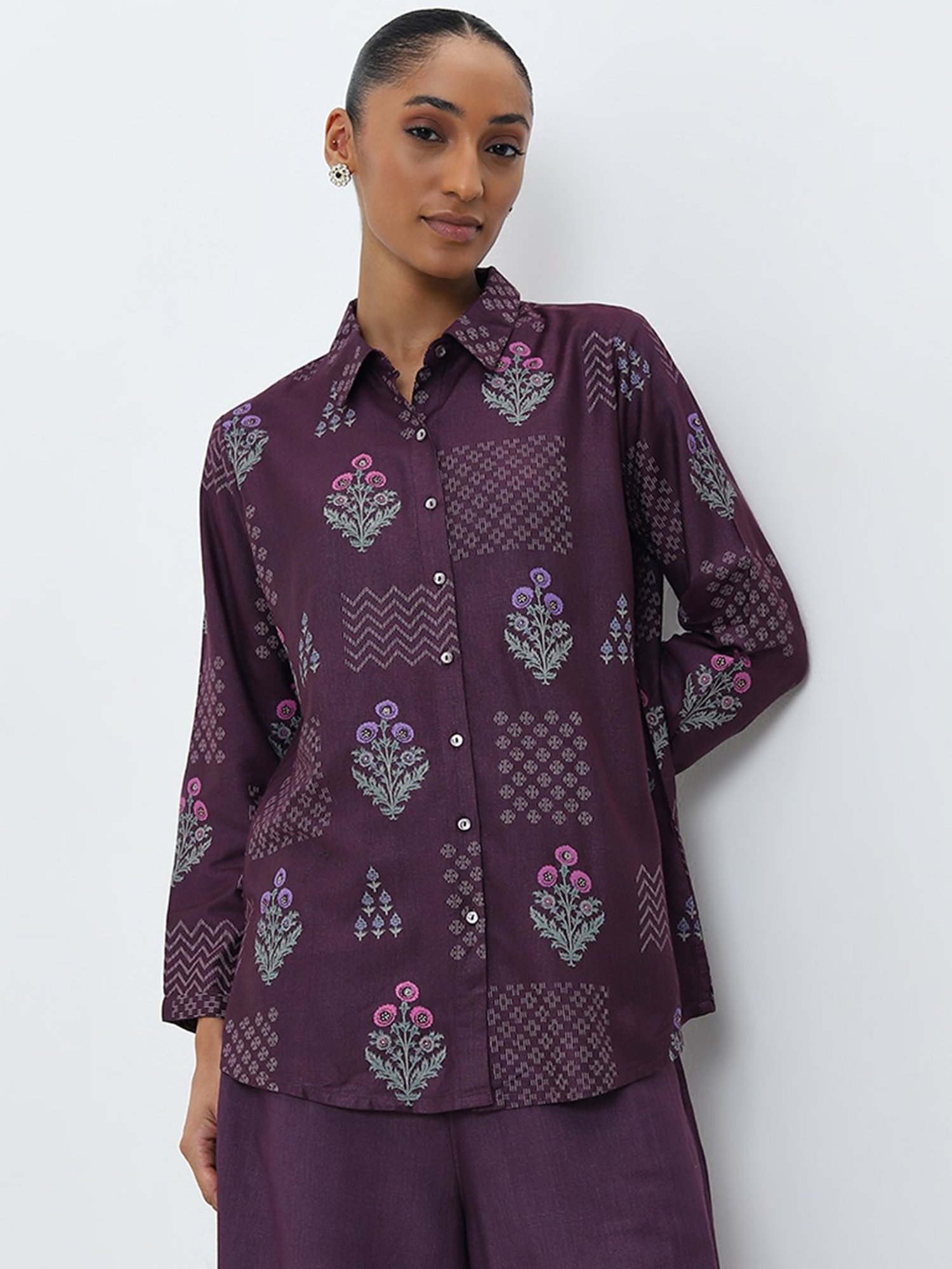 Zuba by Westside Dusty Purple Floral Motif Straight Tunic