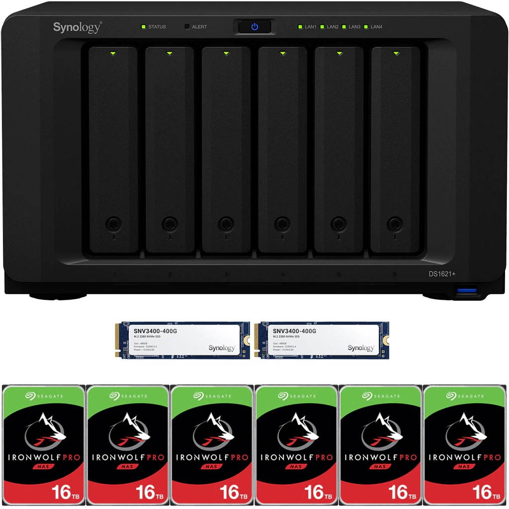 Synology DS1621+ DiskStation with 32GB RAM and 72TB (6 x 12TB) of Seagate Ironwolf PRO NAS Drives and 800GB (2x400GB) NVME Cache Fully Assembled and Tested By CustomTechSales