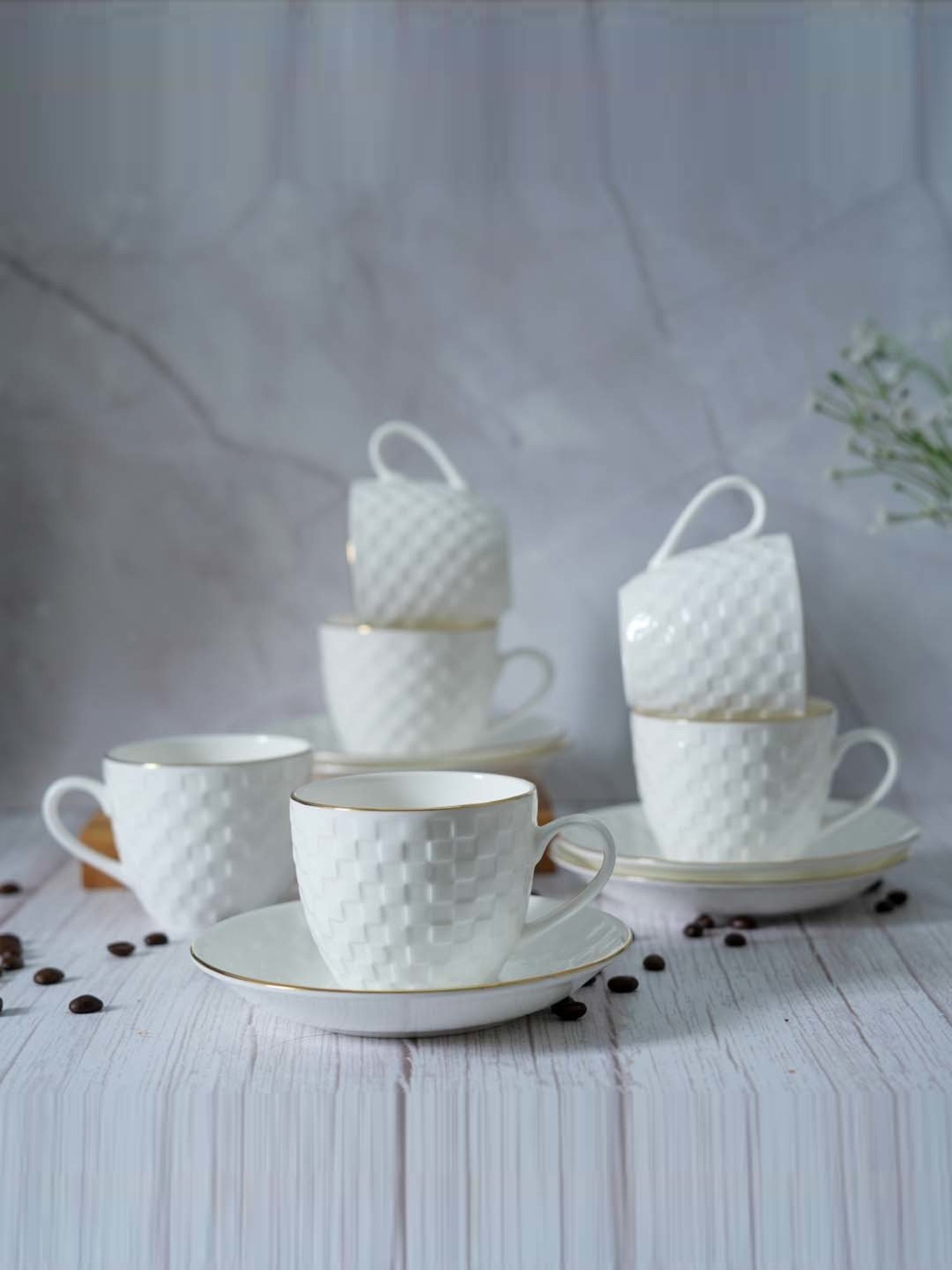Femora White Ceramic 6-Piece Cup & 6-Piece Saucer Set