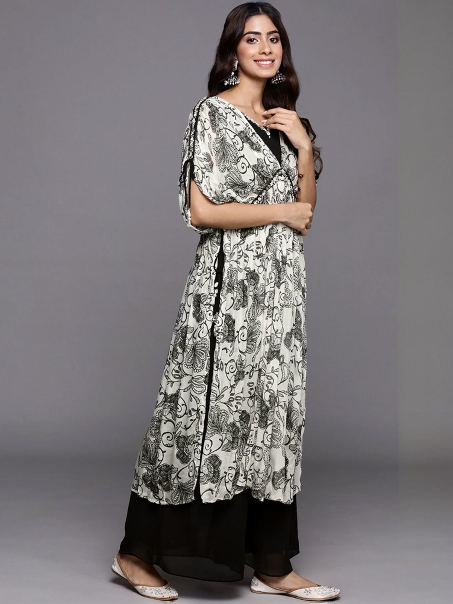 Varanga Off-White & Black Embroidered Kurta Palazzo Set With Dupatta