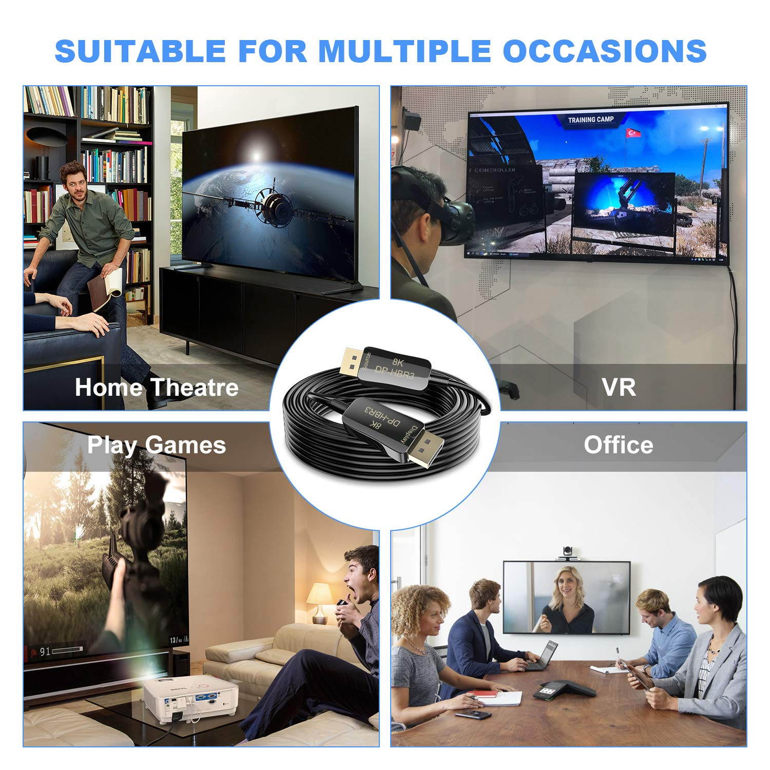 ESTONE Fiber 8K DisplayPort DP 1.4 Cable DP Ultra HD 8K@60Hz, 4K @ 120Hz High Speed 32.4Gbps Optic Fiber Slim and Flexible DP to DP Male to Male 3D Cable 15m 50ft