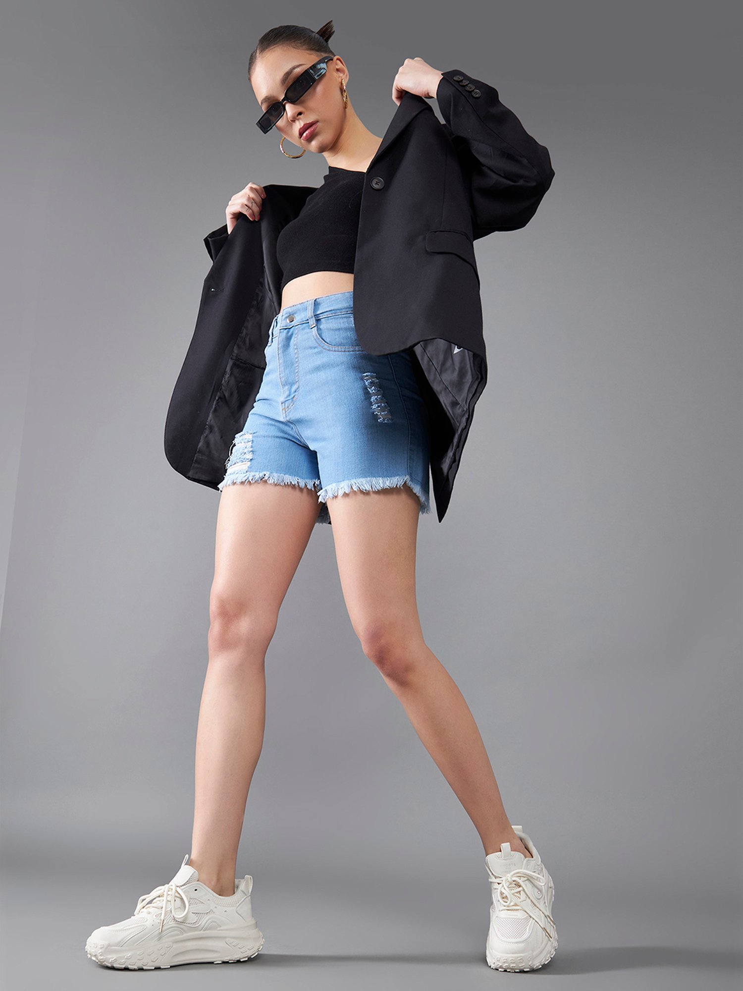 DOLCE CRUDO Blue Denim Distressed Mid Rise Shorts