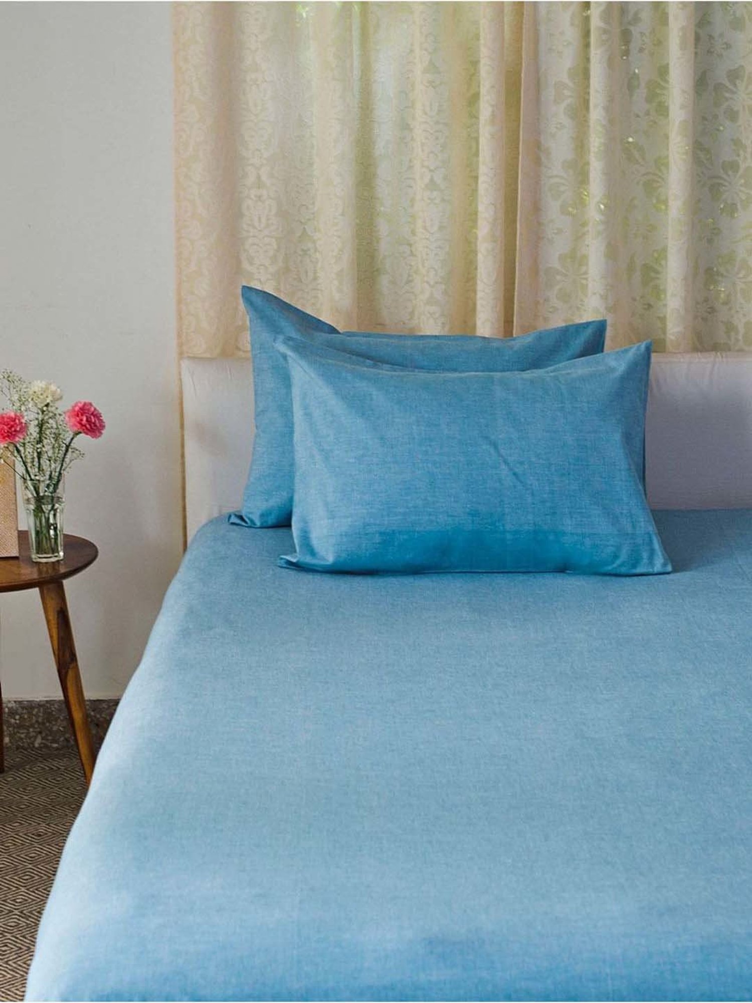 Fabindia Blue Cotton 92 TC Single Bed Sheet With Pillow Cover