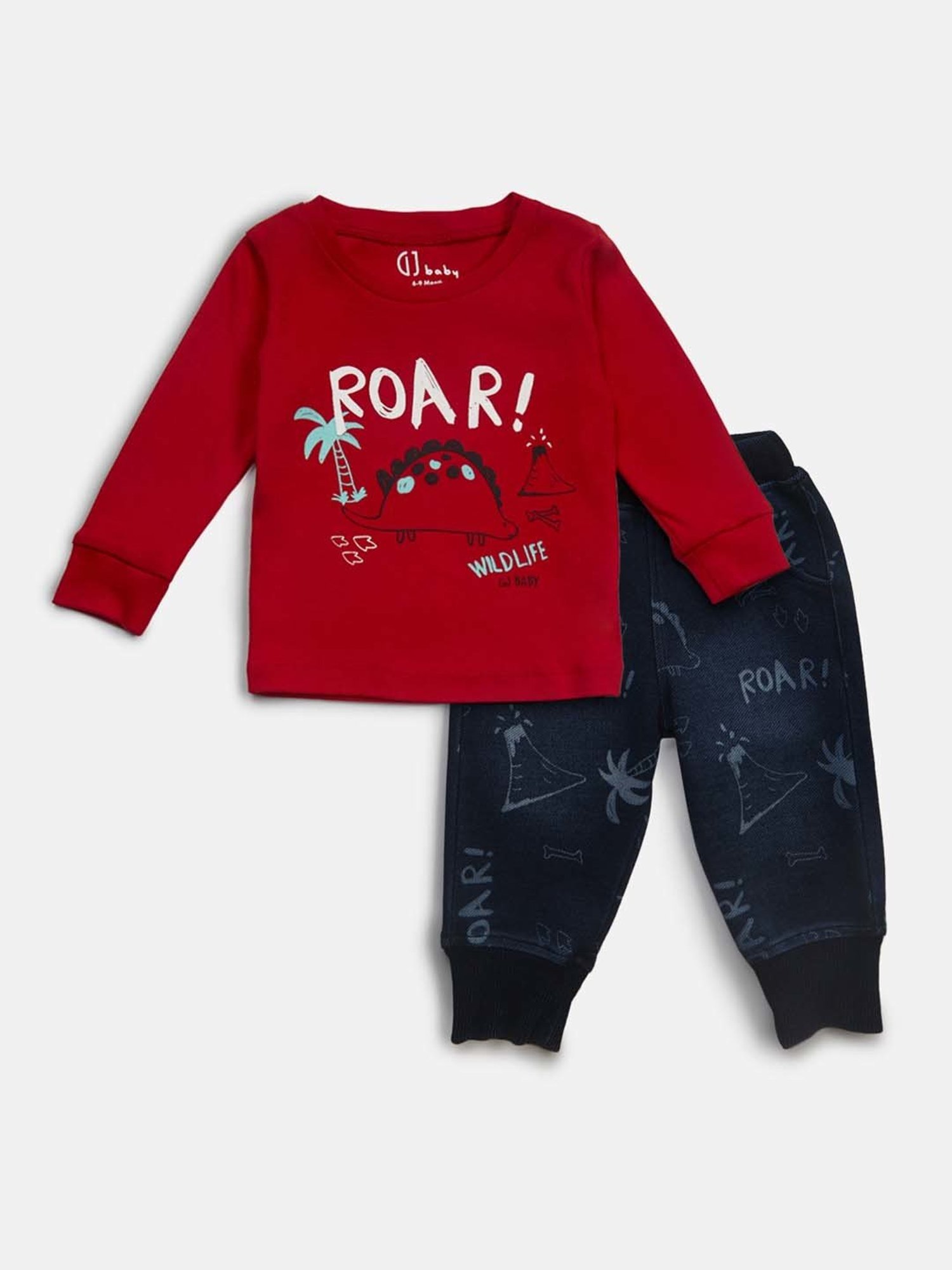 GJ baby Kids Red & Navy Cotton Printed Full Sleeves T-Shirt Set