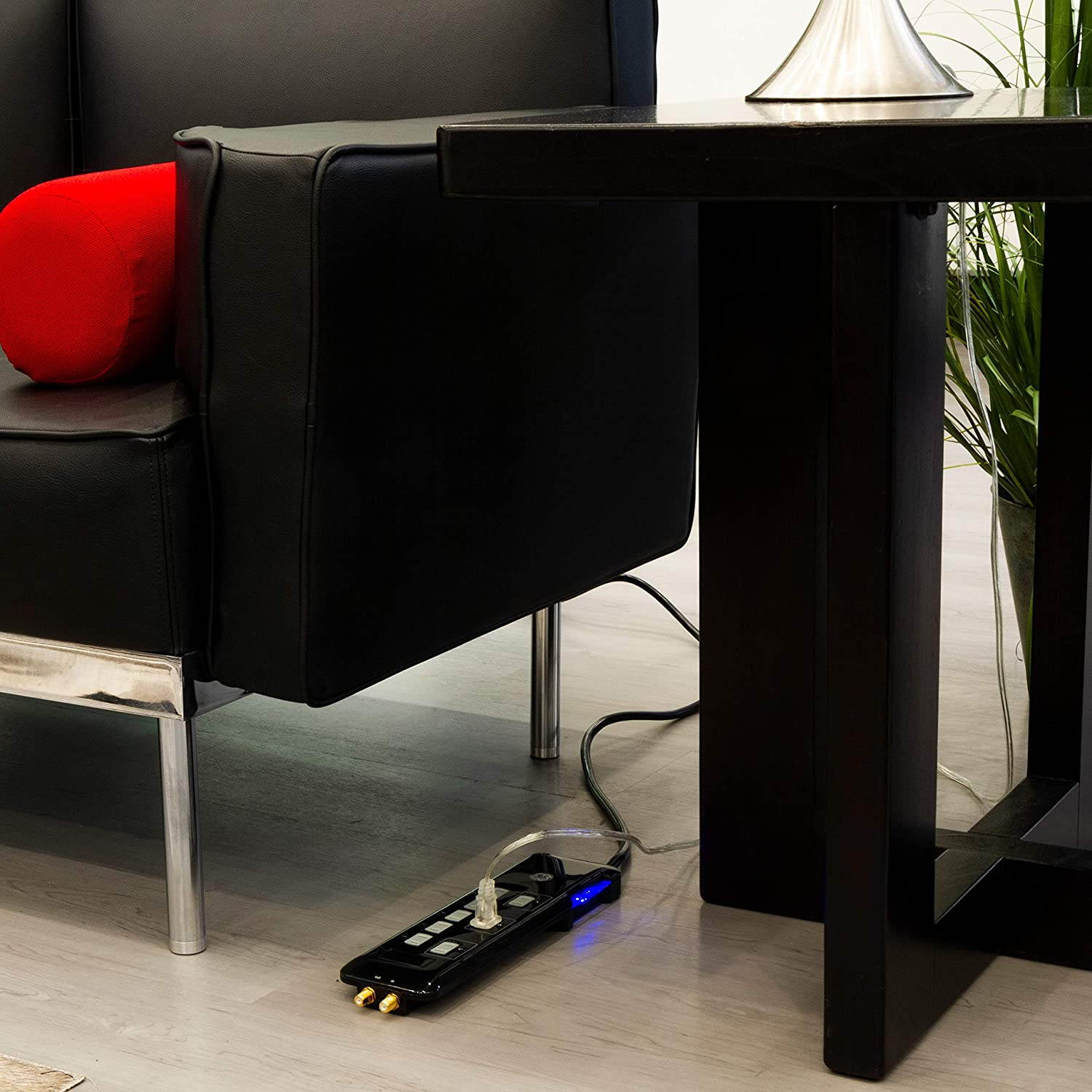 GE Surge Protector, 8 Outlet Power Strip, Long 4' Power Cord, Flat Plug, Power Filter, Circuit Breaker, 2160 Joules, 4' Cord, Black, 34461