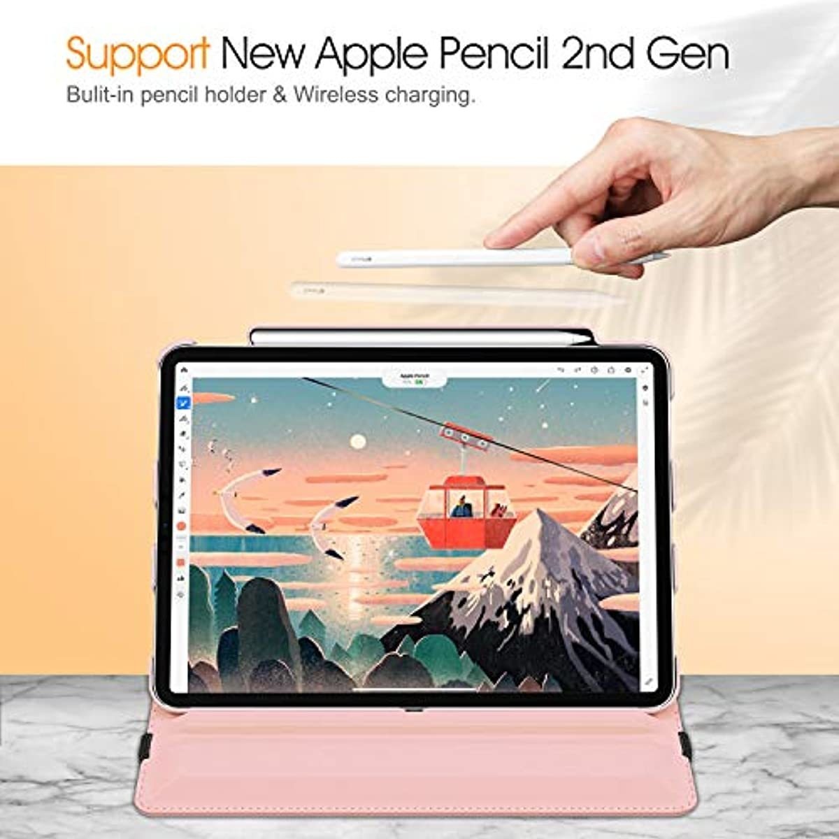 Fintie Case with Built-in Pencil Holder for iPad Pro 11" 2020 & 2018 [Support 2nd Gen Pencil Charging Mode] - 360 Degree Rotating Stand Protective Cover with Auto Sleep/Wake, Rose Gold