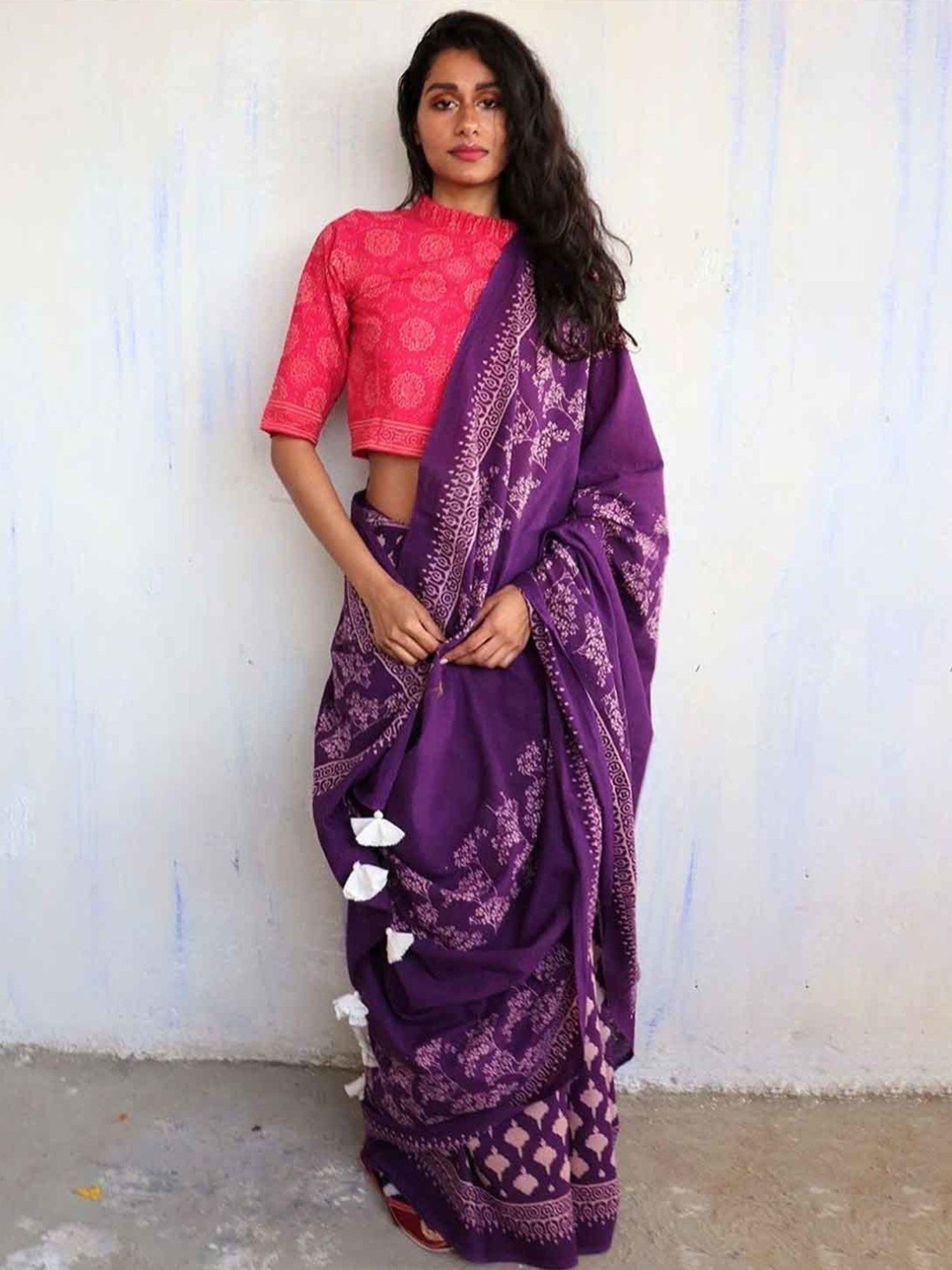 Chidiyaa Purple Block Printed Cotton Mulmul Saree - Butterfly Girls