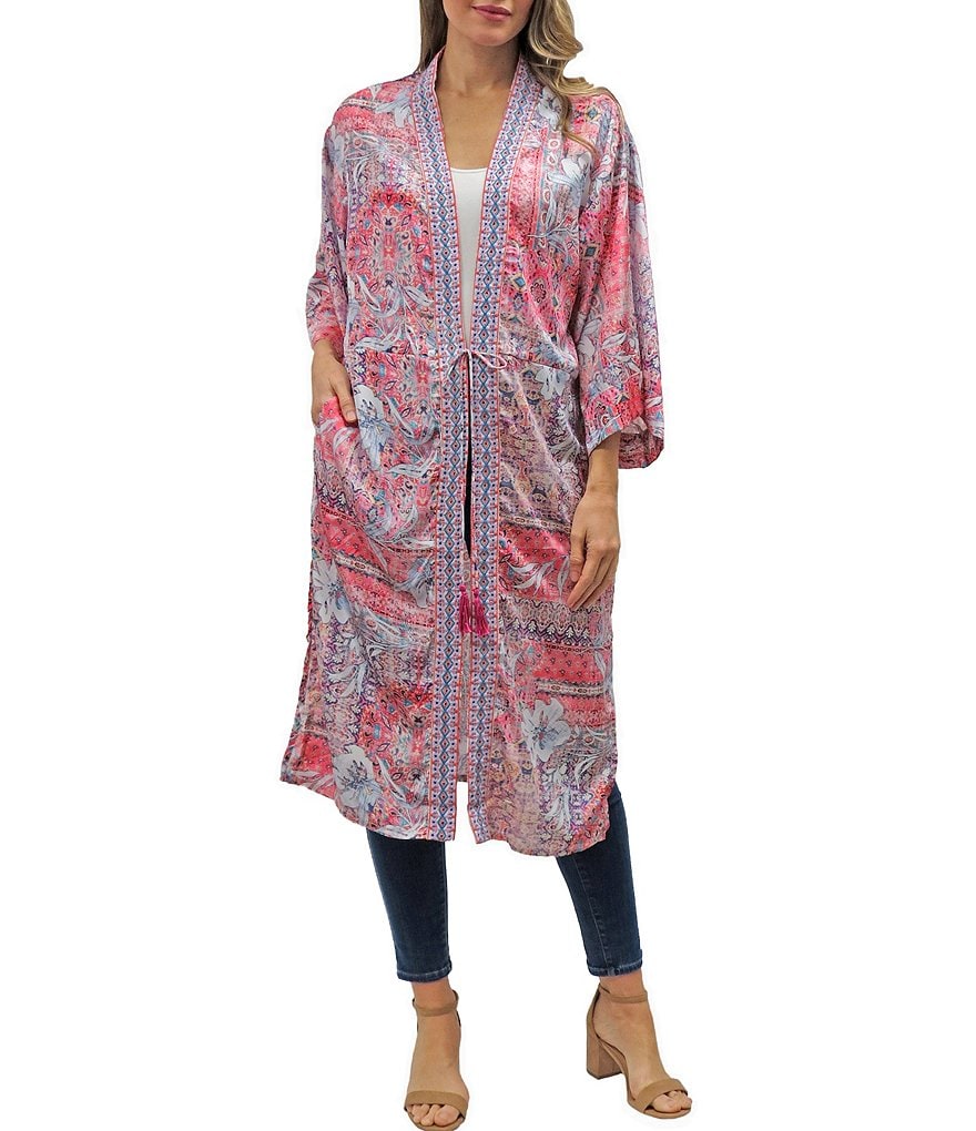 Karyn Seo Palma Patchwork Print Vintage Embroidered Trim Tassel Tie-Waist Detail Kimono Jacket