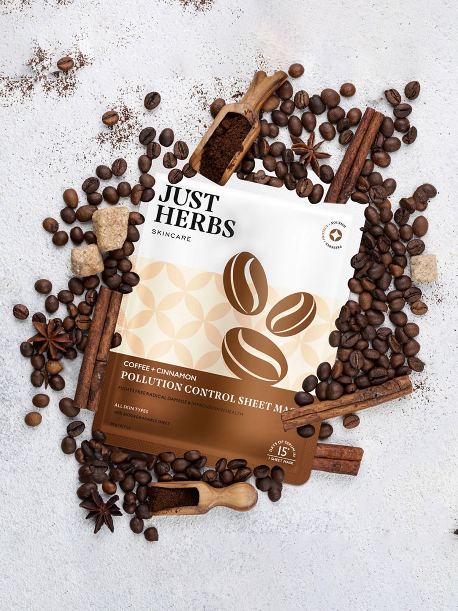 JUST HERBS Coffee + Cinnamon Pollution Control Sheet Mask