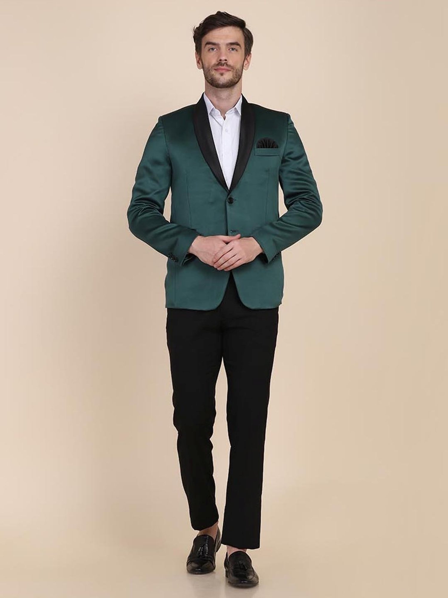 TAHVO Green & Black Cotton Slim Fit Blazer