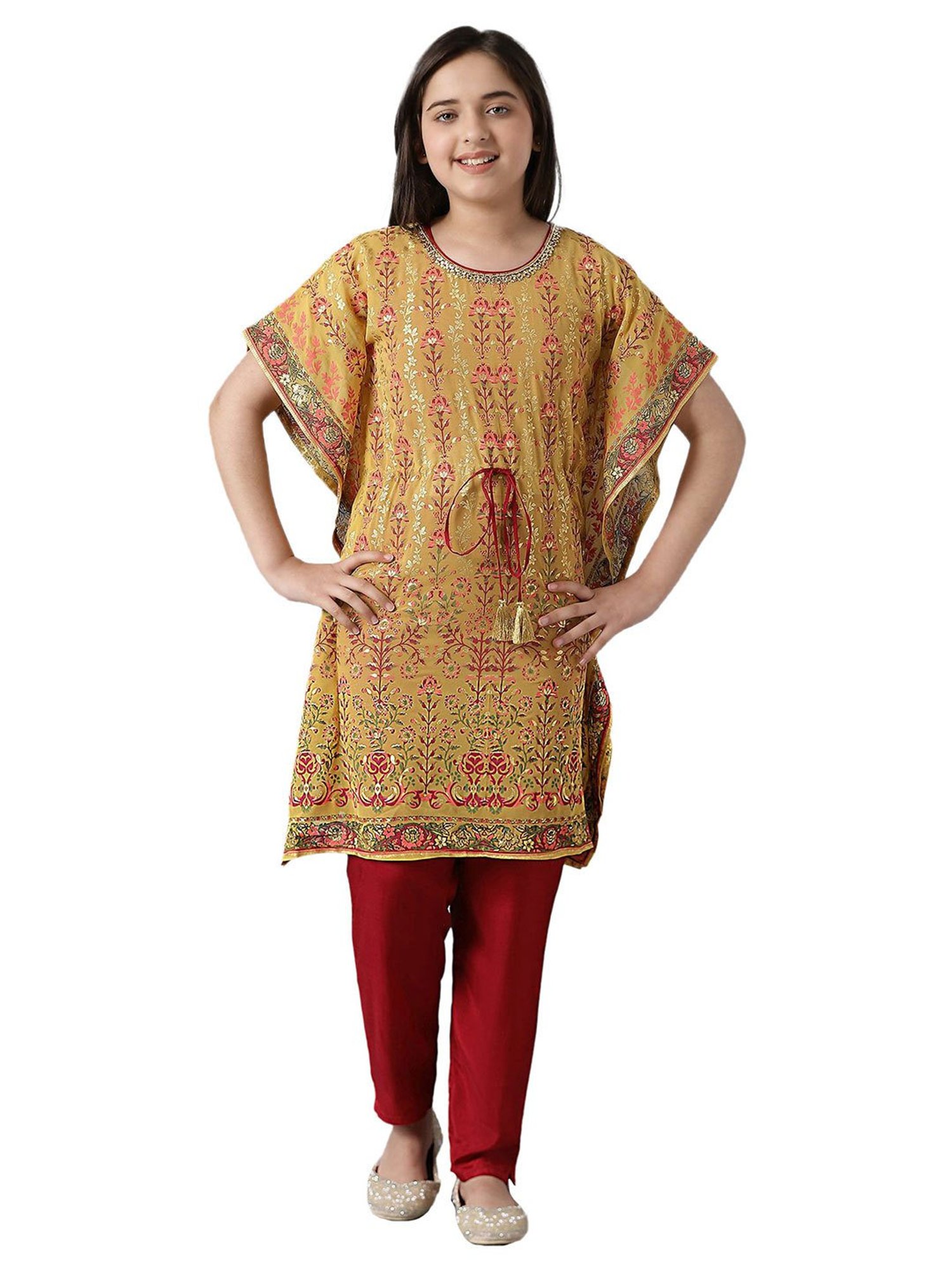 Aurelia Kids Mustard & Red Floral Print Kaftan with Inner & Trousers