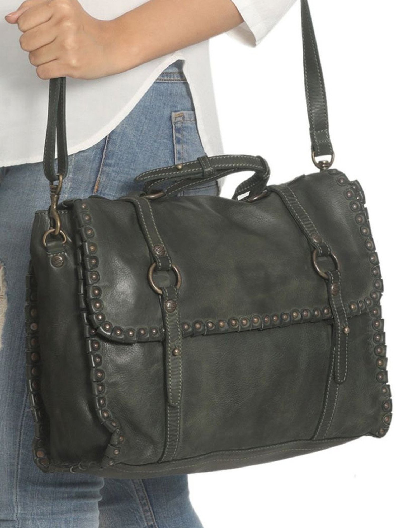 KOMPANERO Amara Green Leather Rivets Messenger Bag