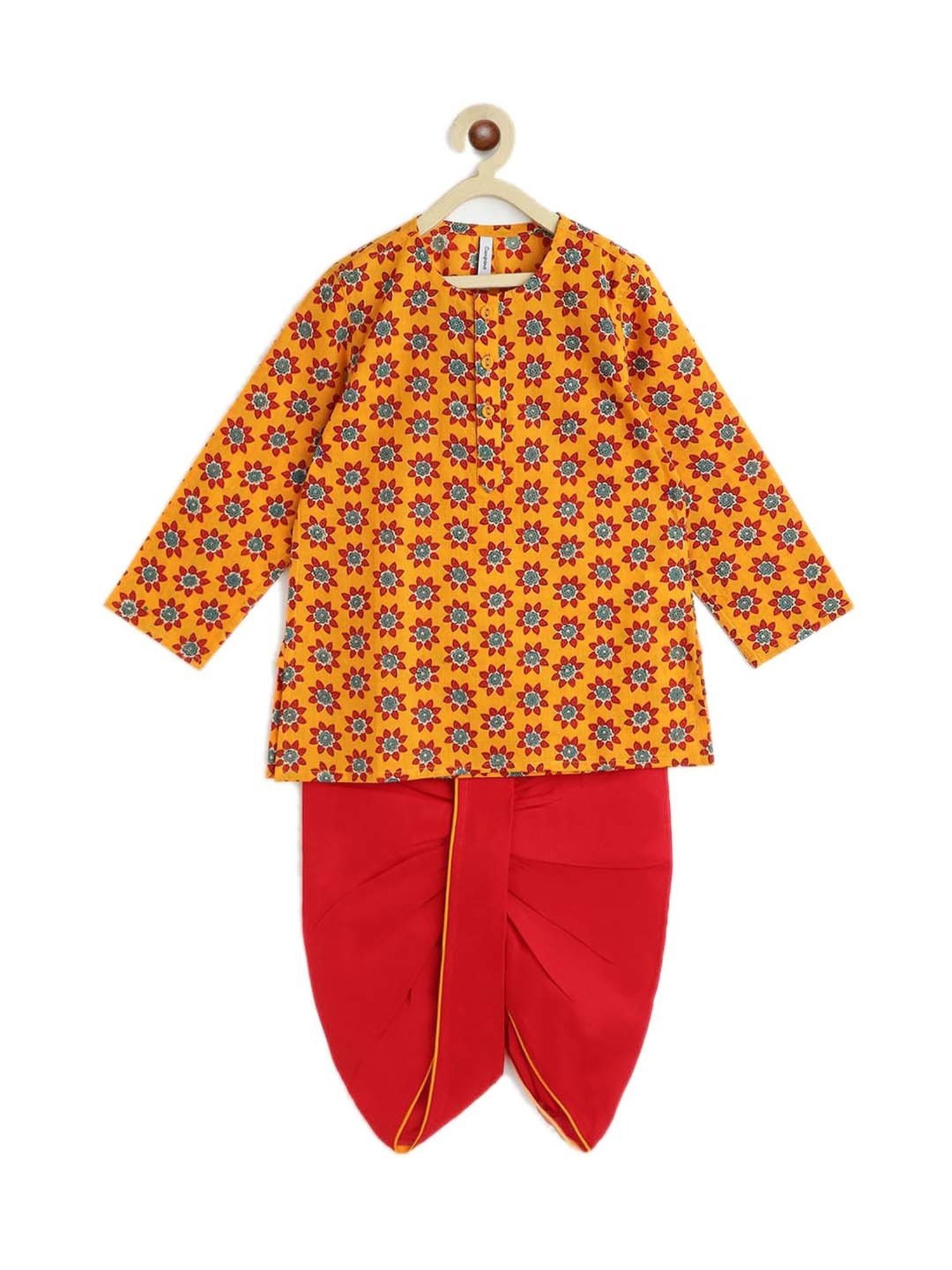 Campana Kids Yellow & Red Cotton Printed Kurta Set