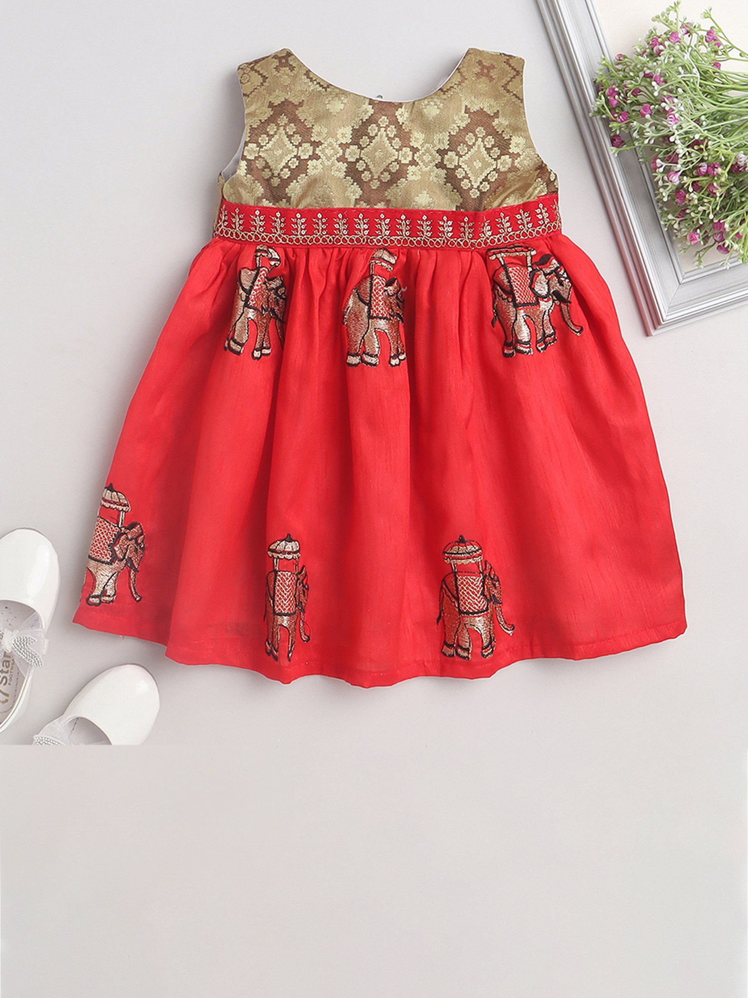 Many Frocks Kids Gold & Red Embroidered Dress