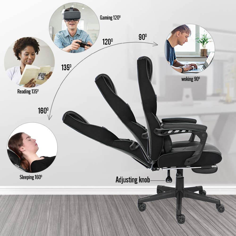 Racing Gaming Chair with Footrest and Massage Lumbar Pillow, Swivel Height Adjustable Reclining PU Leather Video Game Chair, E-Sports Gaming Chair Big and Tall