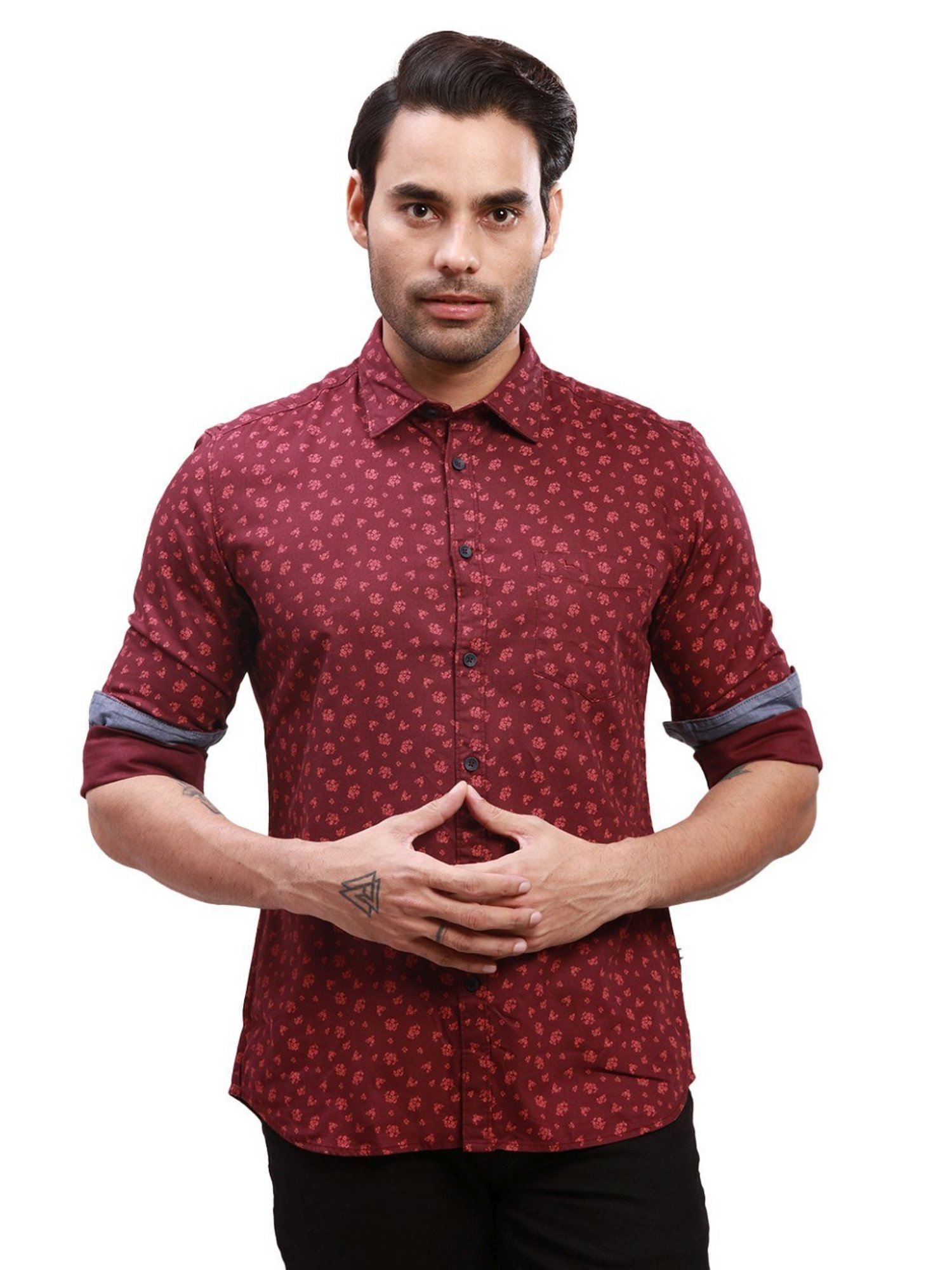 Parx Red Cotton Slim Fit Printed Shirt