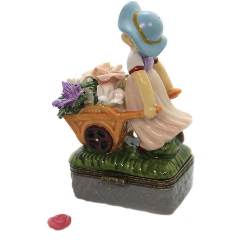 Hinged Trinket Box 4.5" Girl With Flower Cart Keepsake Spring  -  Decorative Figurines