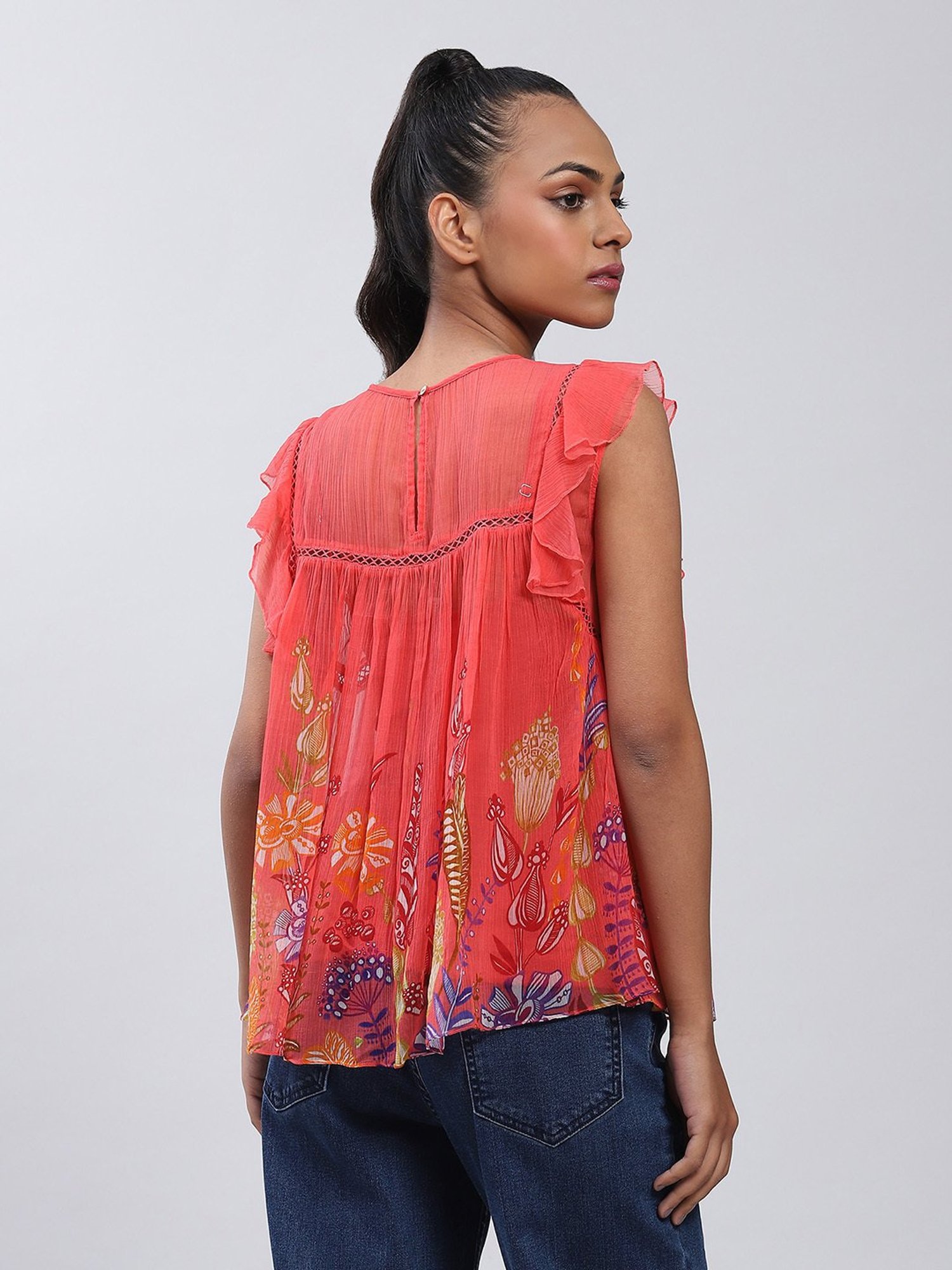 Label Ritu Kumar Coral Floral Print Top With Camisole