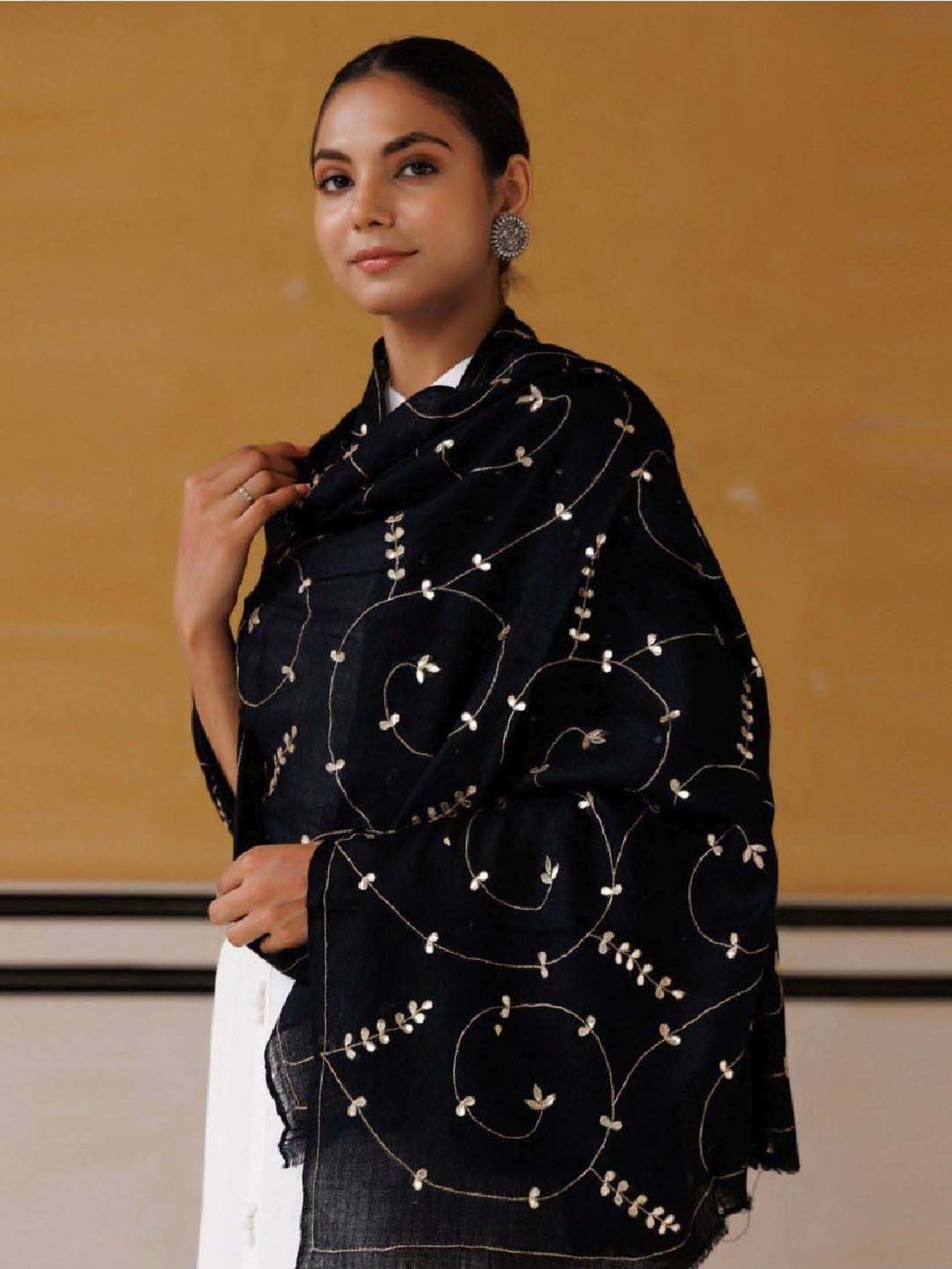 Geroo Jaipur Black Hand Embroidered Gota Patti Woolen Shawl