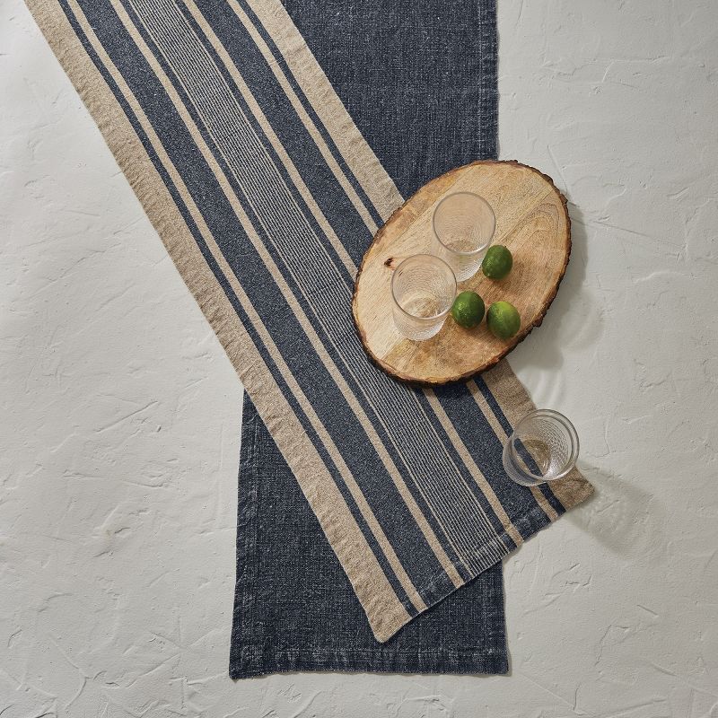 Split P Washed Linen Stripe Table Runner - 60''L - Blue
