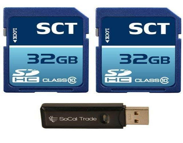 SCT 64GB (32GB x2) SD XC Memory Card, Class 10 with SoCal Trade (tm) MicroSD XC & SD XC Dual Slot Card Reader