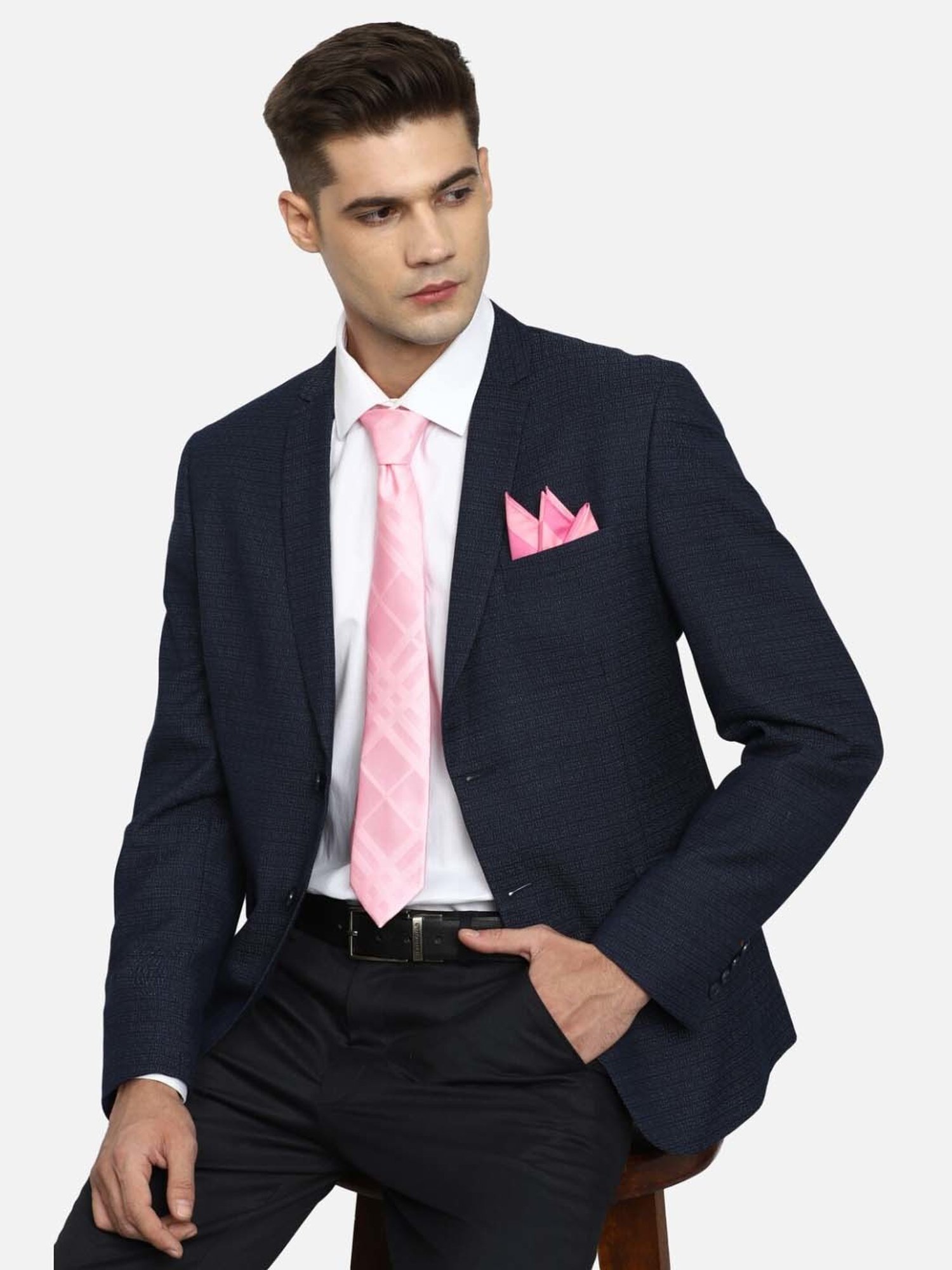 Louis Philippe Pink Textured Tie with Pocket Square