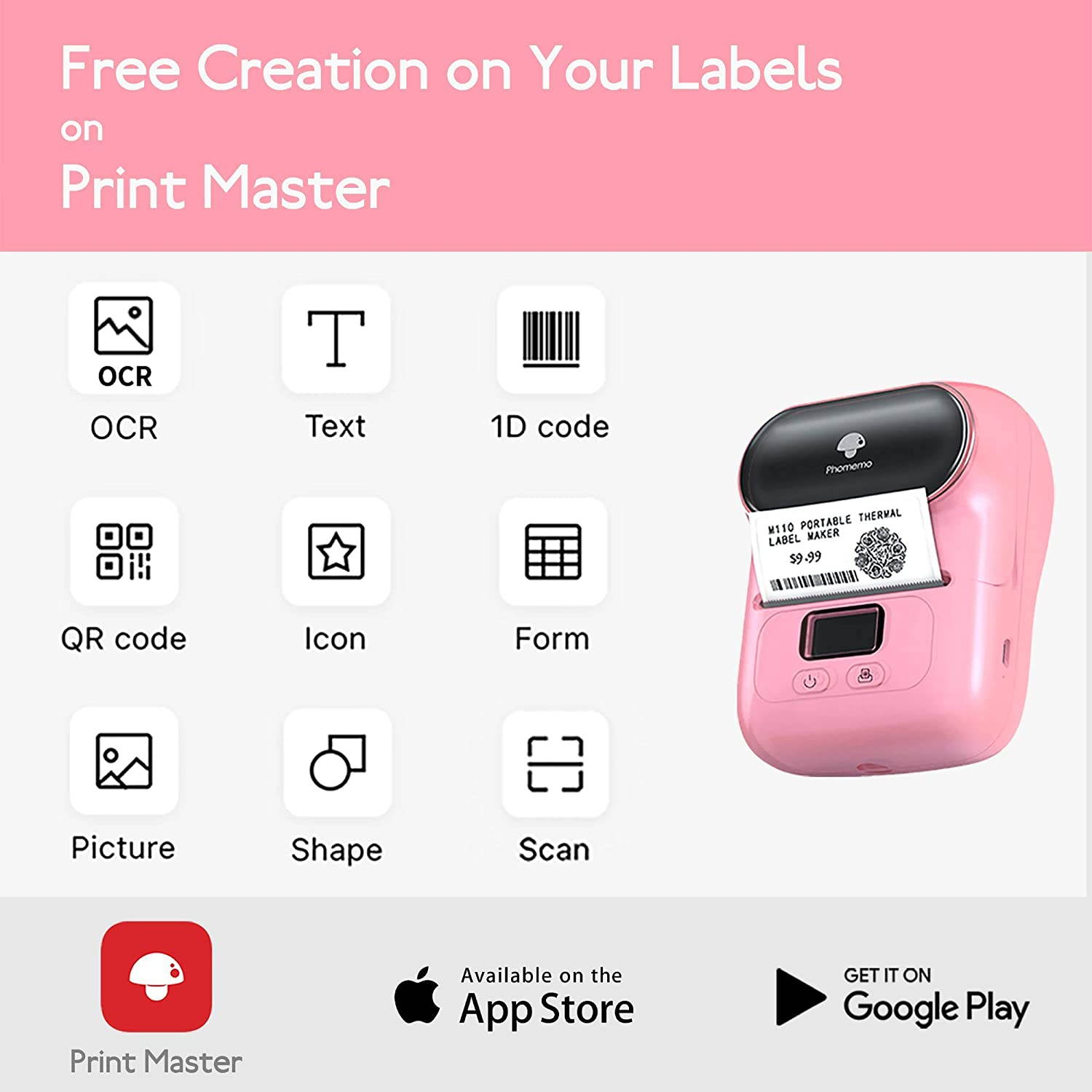 M110 Wireless Thermal Label Printer Portable Bluetooth Label Maker Machine Barcode Printer for iPhone and Android Phones
