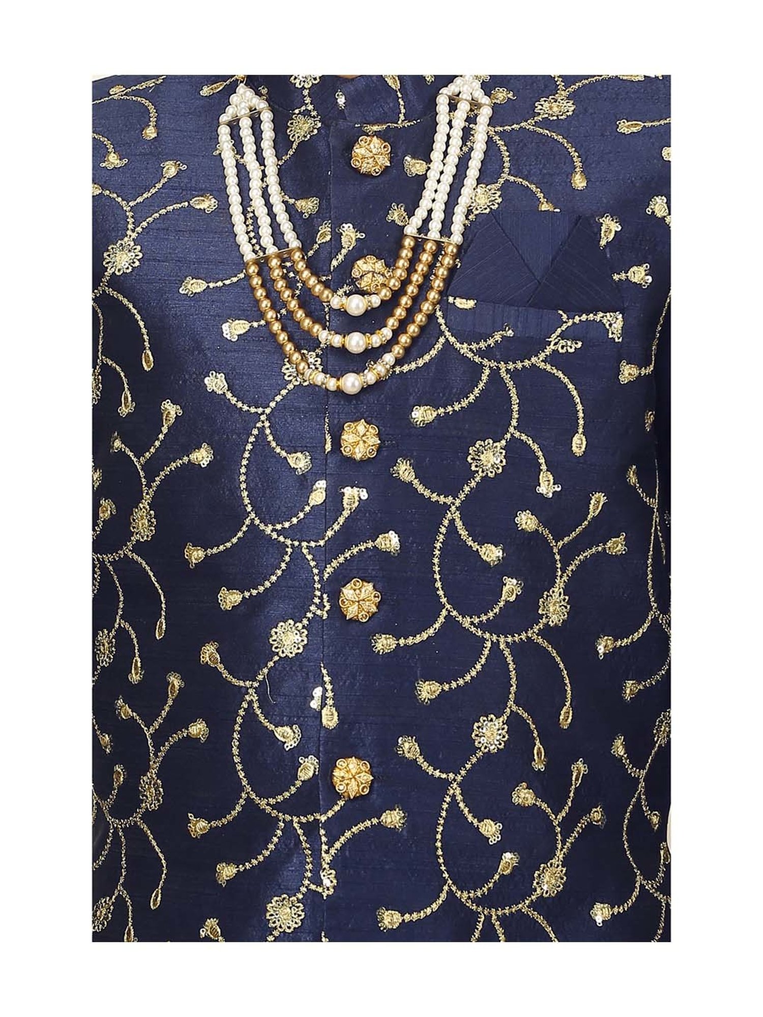 Ahhaaaa Kids Navy Cotton Embroidered Full Sleeves Kurta Set