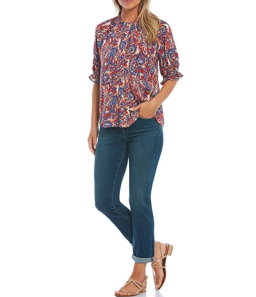 Bobeau Paisley Print Ruffle Trim Crew Neck Short Sleeve Button Down Top