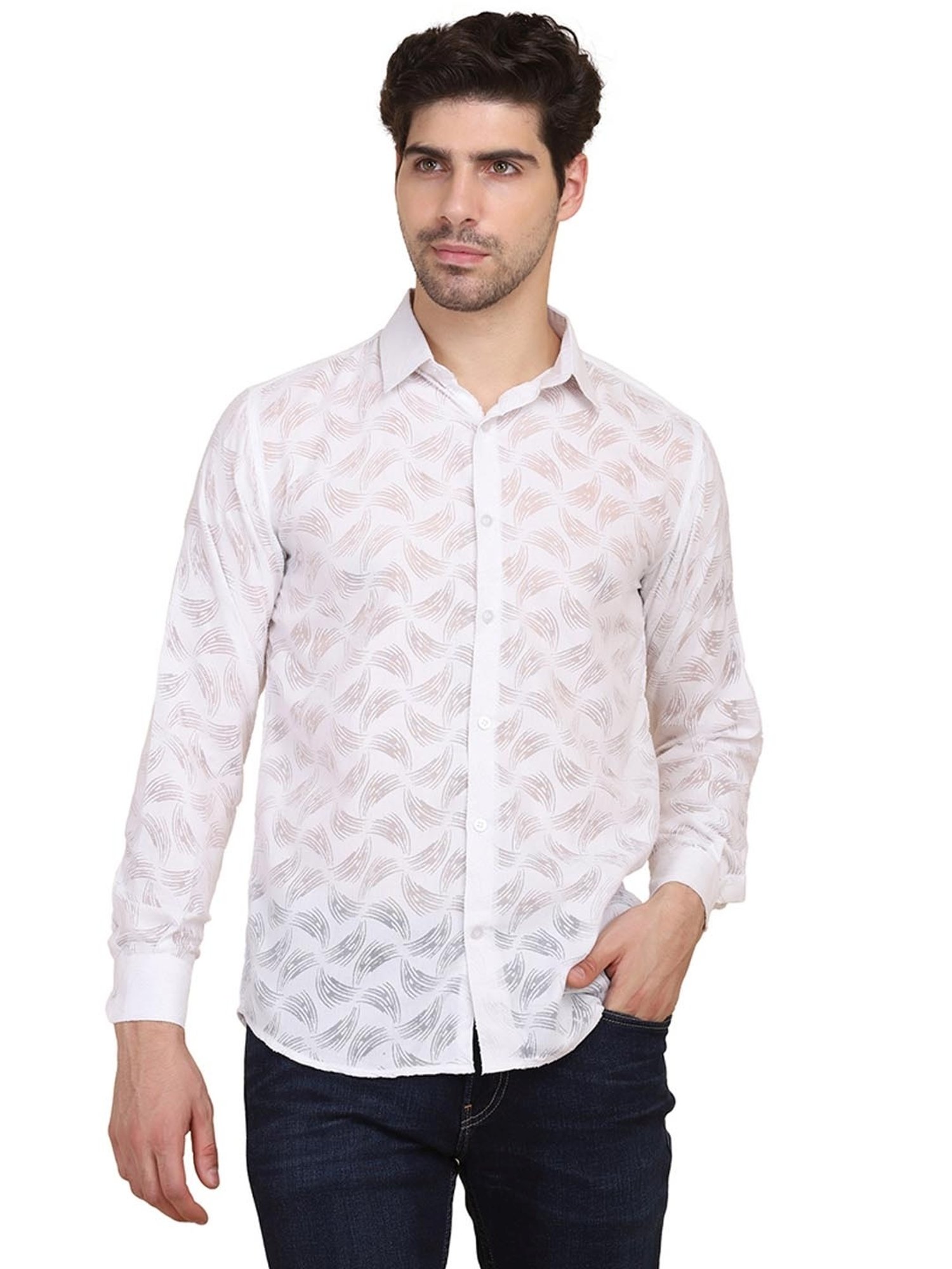 TAHVO White & Grey Cotton Slim Fit Printed Shirt