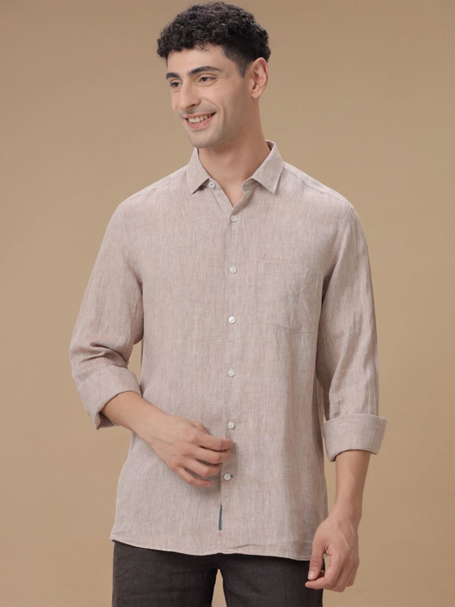 Linen Club Beige Linen Contemporary Fit Texture Shirt