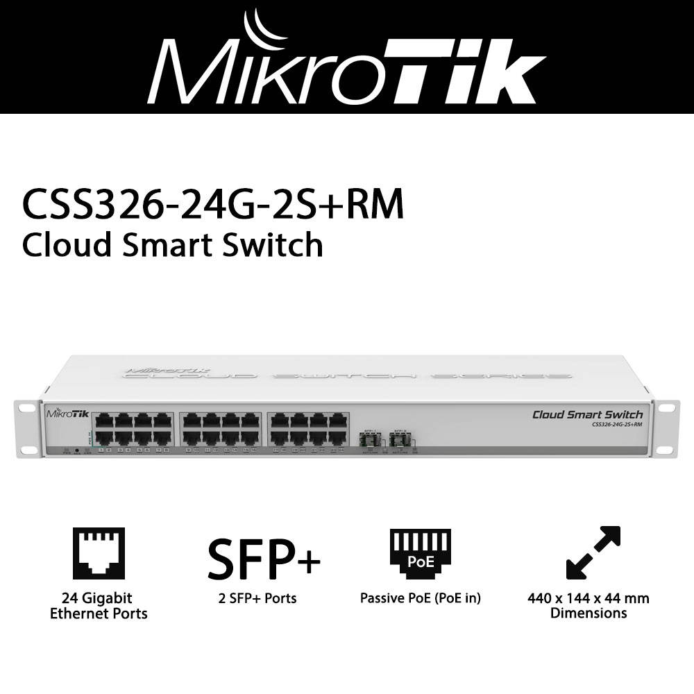 MikroTik - CSS326-24G-2S+RM - Cloud Smart Switch 326-24G-2S+RM with 24x Gigabit Ethernet ports, 2x SFP+ cages, 1U