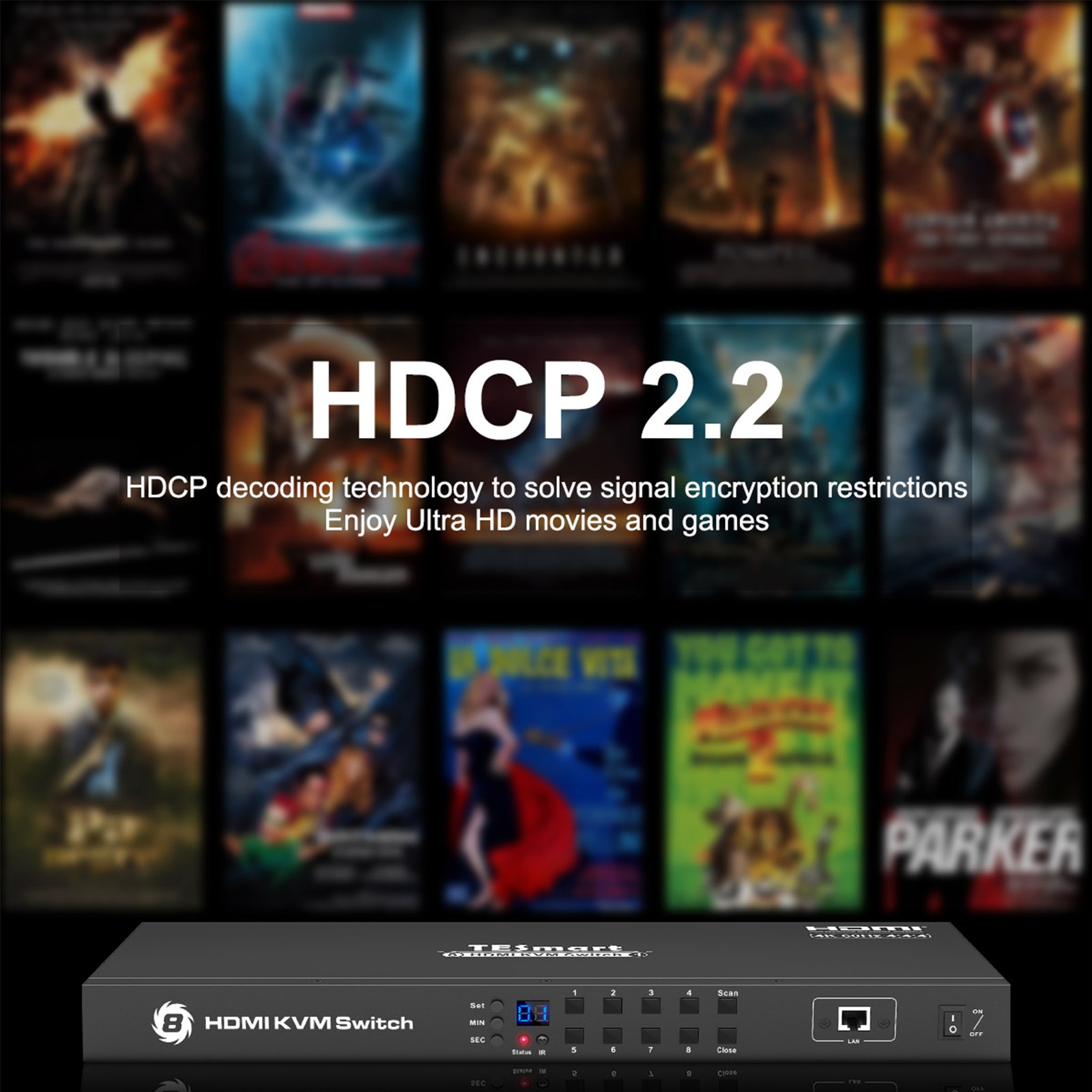 TESmart KVM Switch 4K60Hz UHD 8 Ports Inputs HDMI Control up to 8 Computers/Servers, USB 2.0 Device, RS232/ LAN Port Control Switch, Rack Mount Switch with 4 Pcs 5ft/1.5m KVM Cable