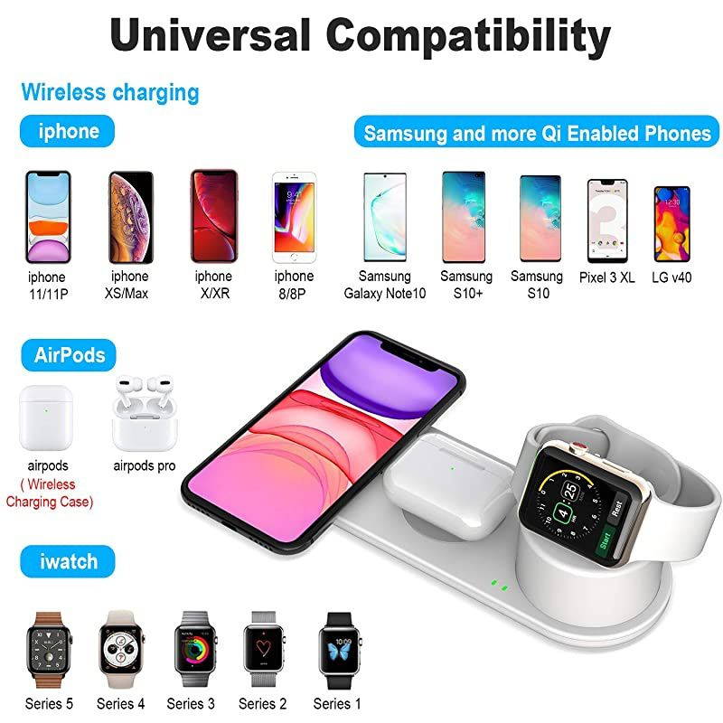 Wireless Charging Station 3 in 1 Compatible with Apple Watch SE 6 5 4 3 2 1 Wireless Charger Multiple Charger for iPhone 12/12 mini/Pro/11/X/Xs/Airpods Pro Charger Station Dock Stand