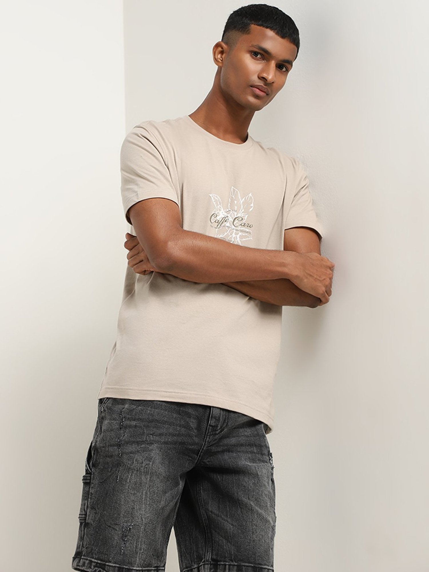 Nuon by Westside Beige Contrast Print Slim Fit T-Shirt