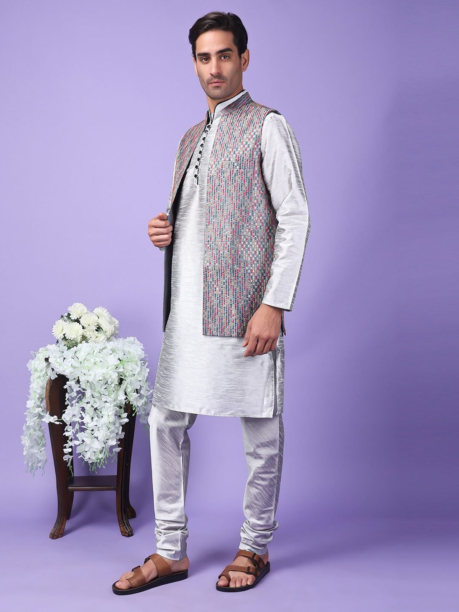 Hangup Grey Regular Fit Embroidered Kurta Set With Jacket