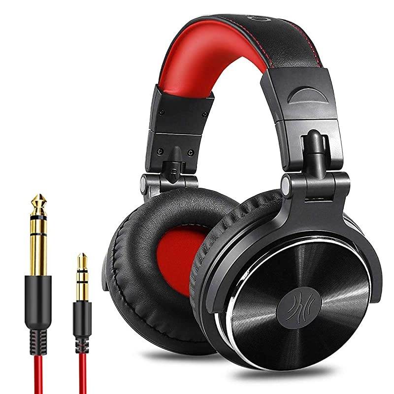 Over Ear Headphone Wired Bass Headsets with 50mm Driver Foldable Lightweight Headphones with Shareport and Mic for Recording Monitoring Podcast Guitar PC TV Red