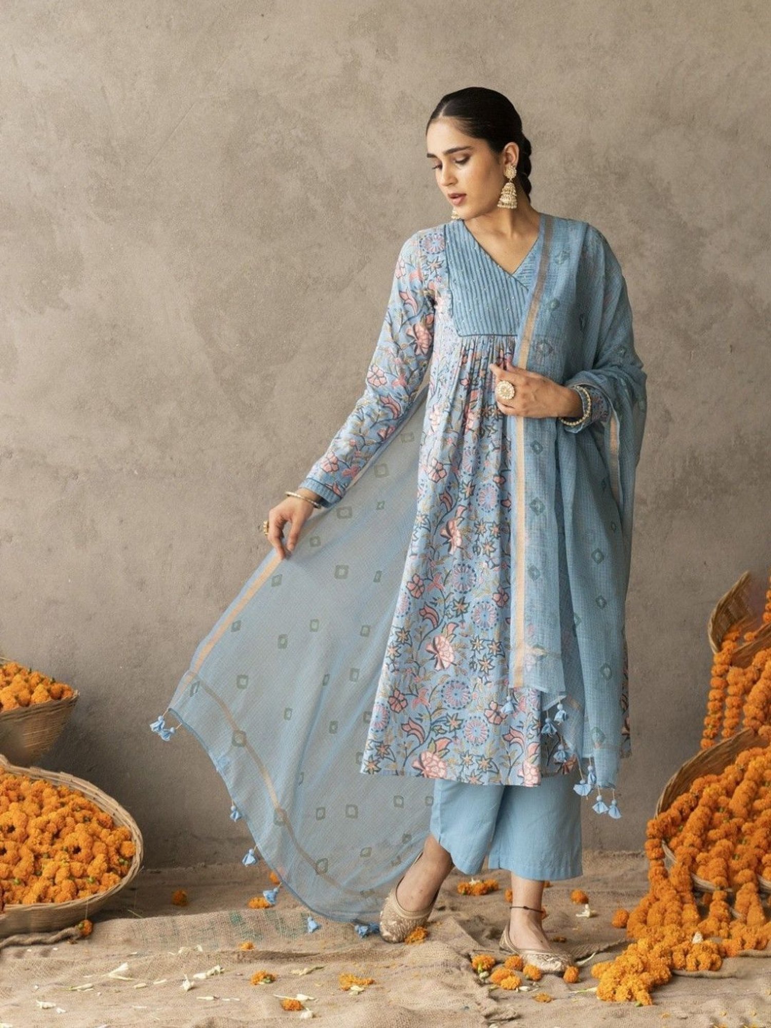 Akiso Reet Blue Block Printed With Yoke And Sleeve Detailed A Line Suit Set With Dupatta