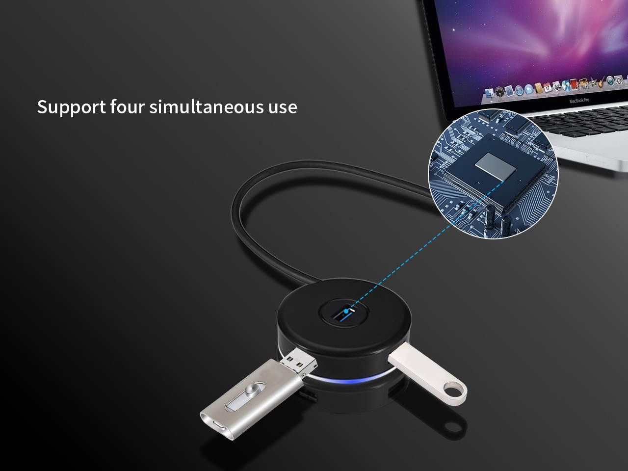 NOTEBOOK 4-PORT USB 3.0 HUB WITH ROUND CONNECTOR LED FAST CHARGING DATA TRANSMISSION (4-PIN, BLACK)