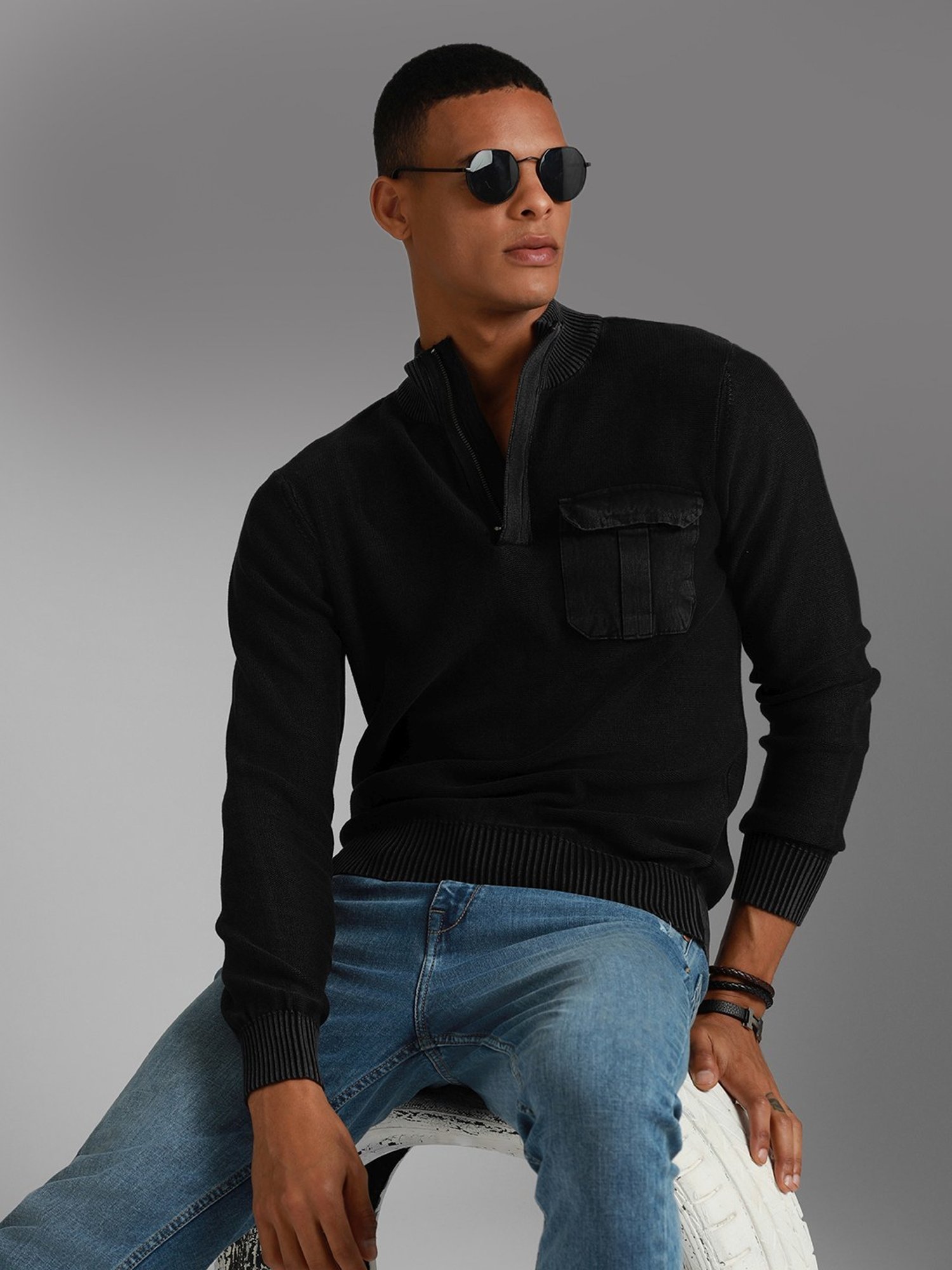 High Star Black Cotton Regular Fit Self Pattern Sweater