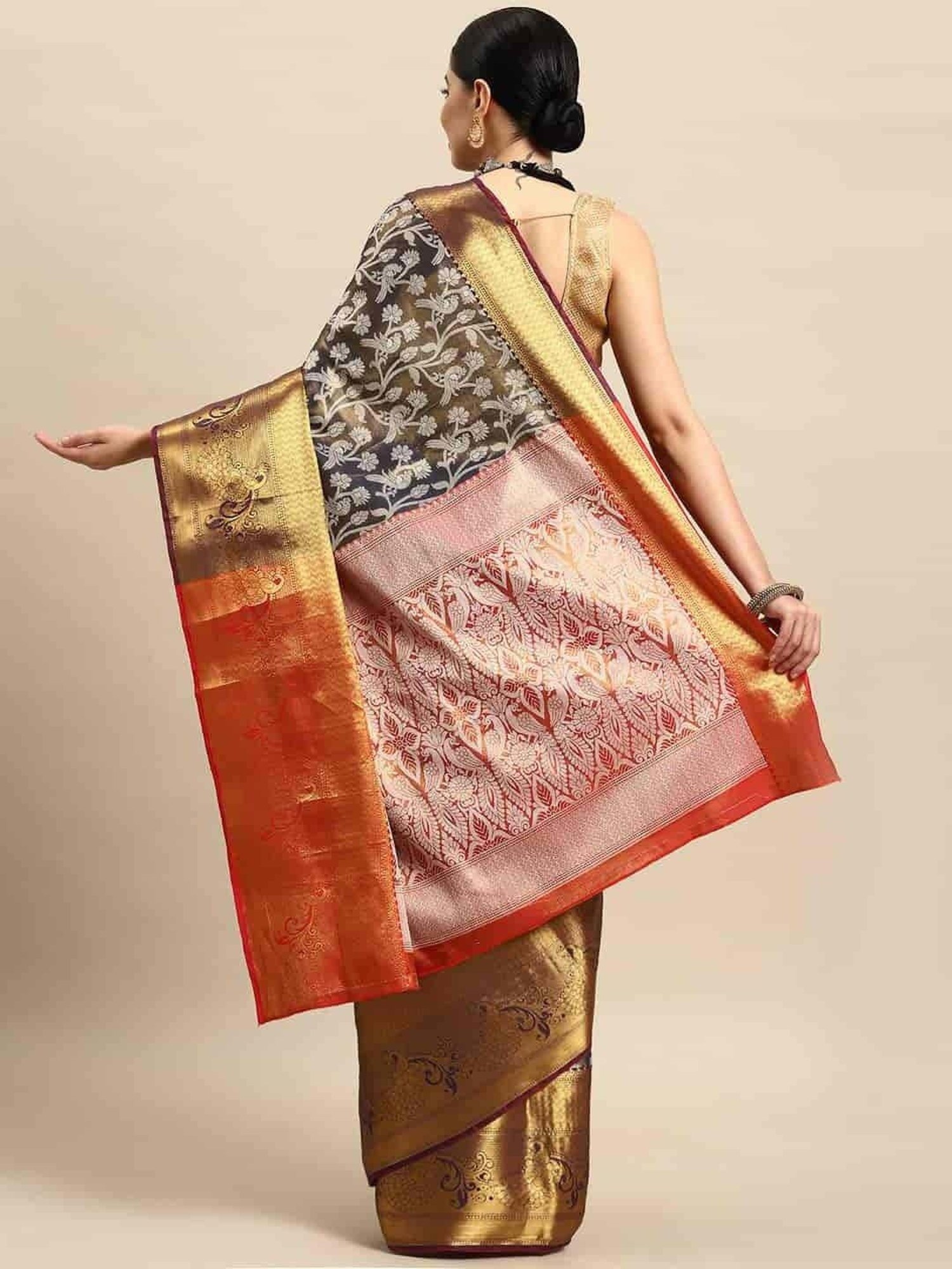 Silk Land Navy Woven Saree With Unstitched Blouse
