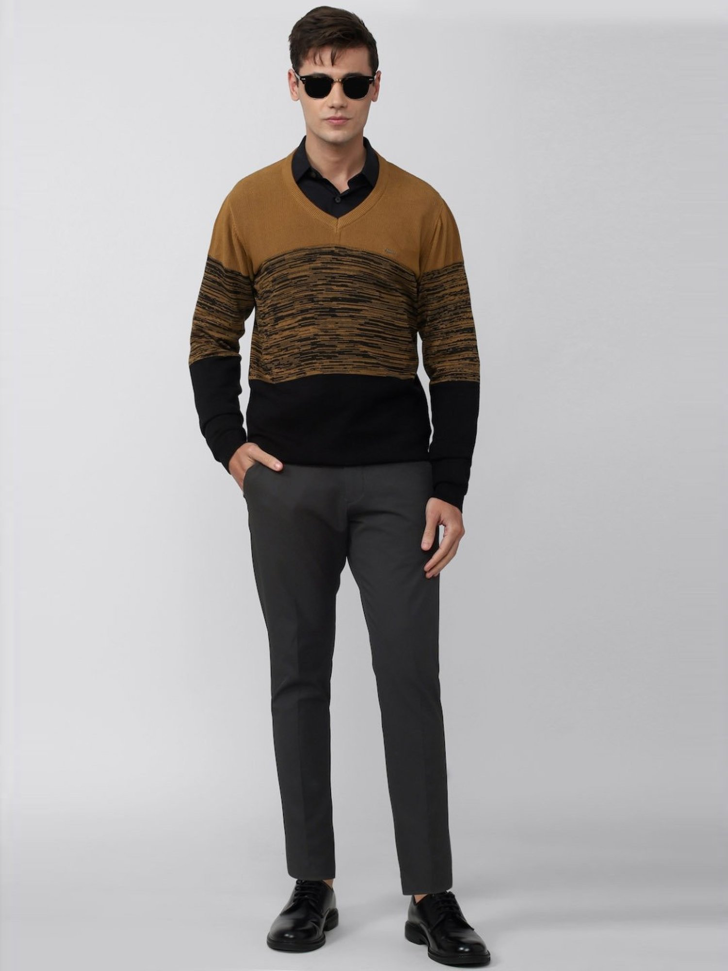 Van Heusen Brown Regular Fit Striped Sweater